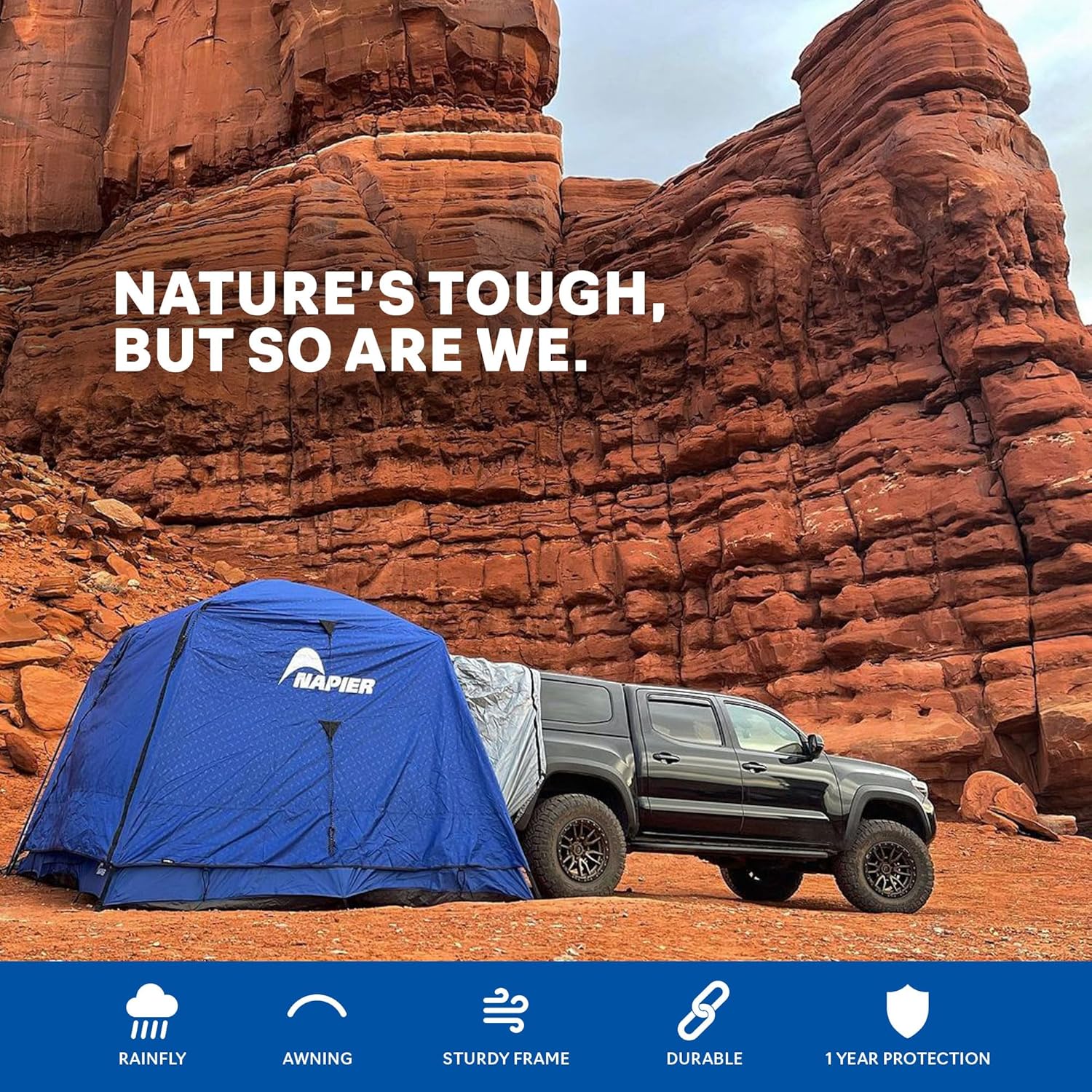 Napier Sportz SUV Tent | 9'x9' Car Camping Tent with Full Rainlfy and Awning | Fits All CUVs, SUVs, Minivans | Sleeps 5 Adults | Blue/Gray | Model 82000