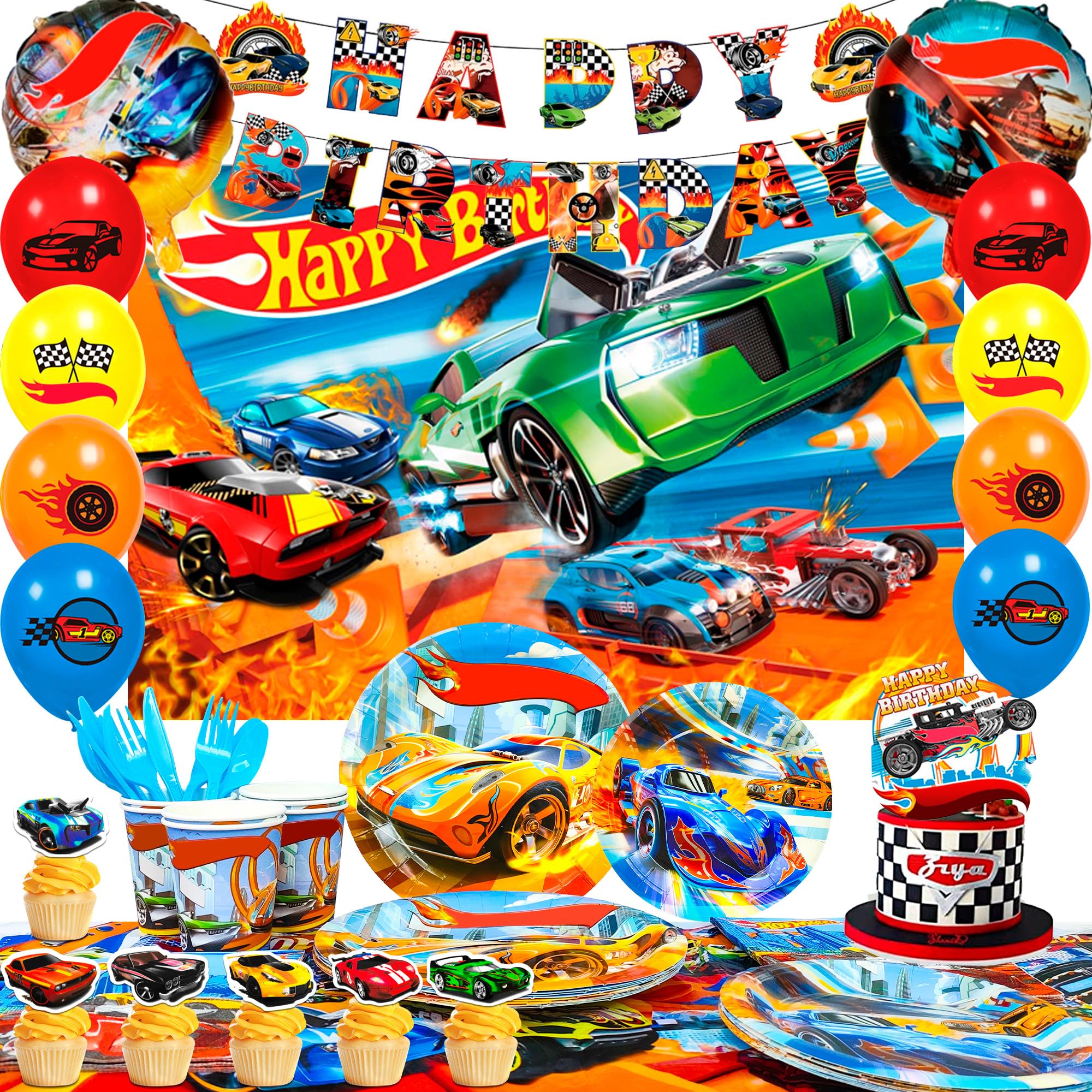 Photo 1 of 10 Guests Race Car Birthday Party Tableware, 114Pcs Hot Car Party Plates Napkins Wheels Balloons Banner Backdrop Cake Toppers etc for Racing Hot Car Birthday Party Decorations Supplies