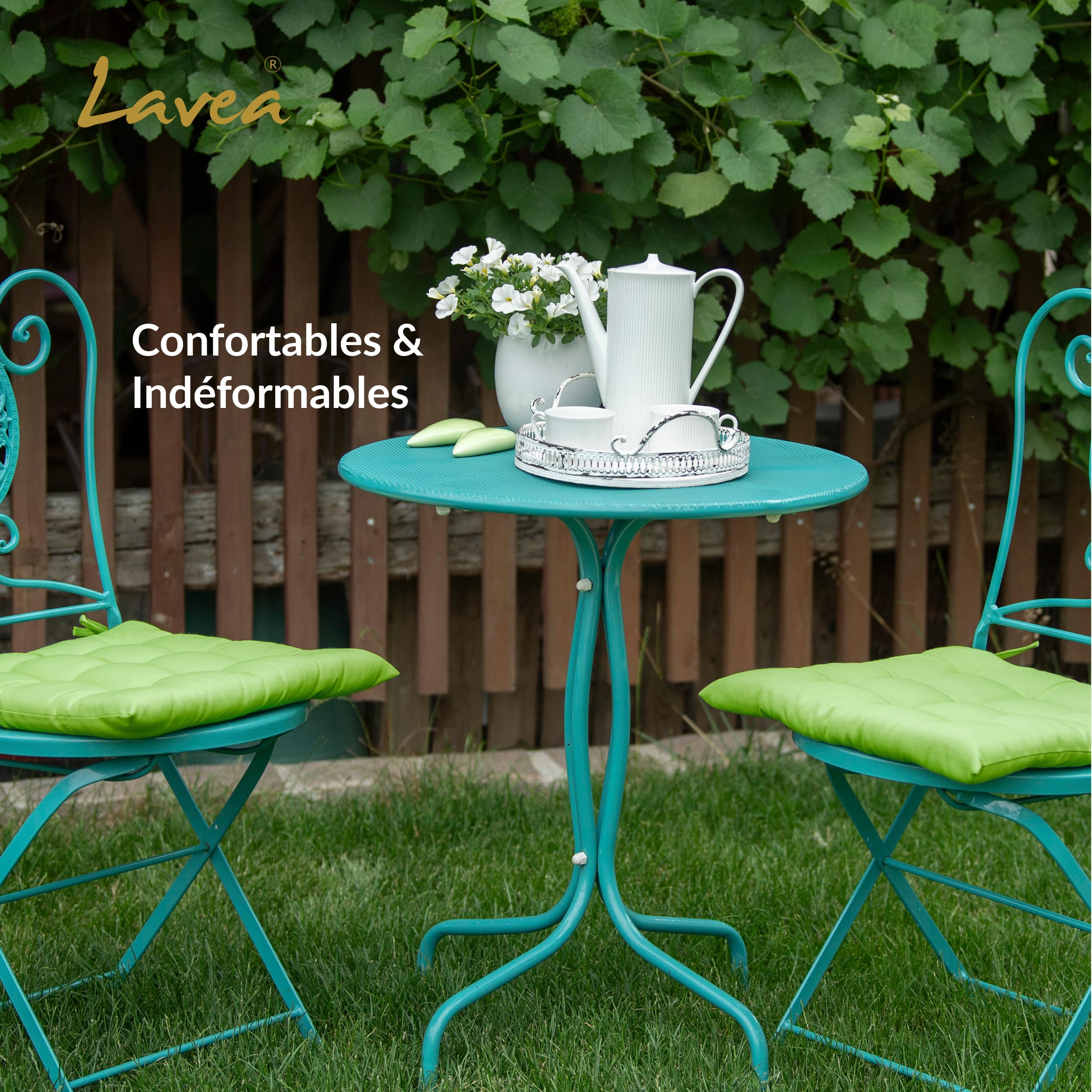 Lavea® Coussins de Chaise 40x40 cm – Lot de 8 avec Attaches – Confortables et lavables pour intérieur, extérieur - pour Jardin, Balcon, terrasse et Cuisine - Vert Tilleul Clair