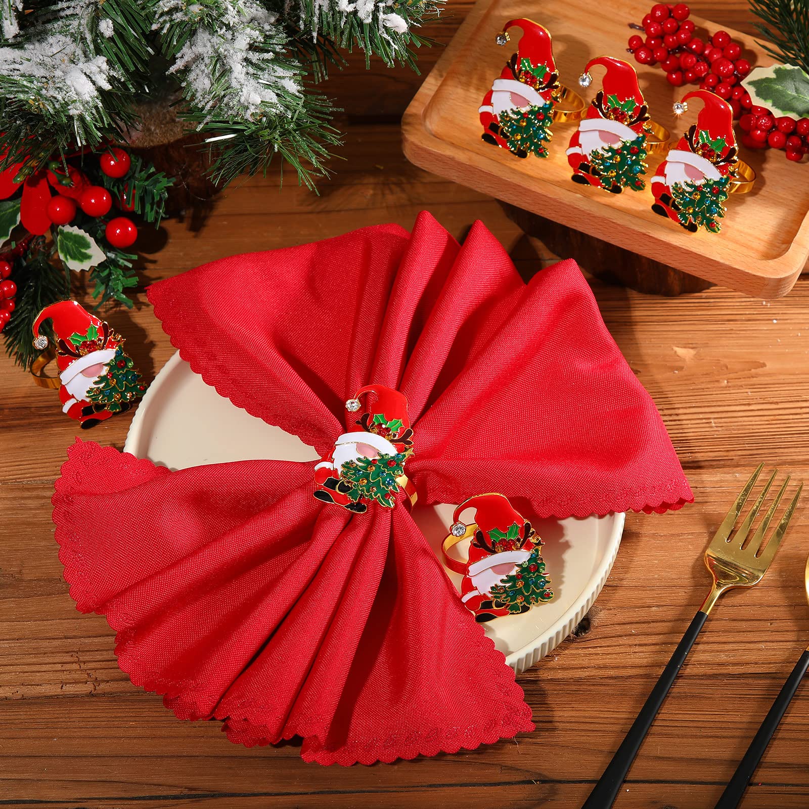 Lot de 12 ronds de serviette « Merry Christmas » en alliage de métal doré et rouge avec strass pour table de Noël, dîner de maison, cuisine, décoration de table de mariage, banquet (nain de mariage)