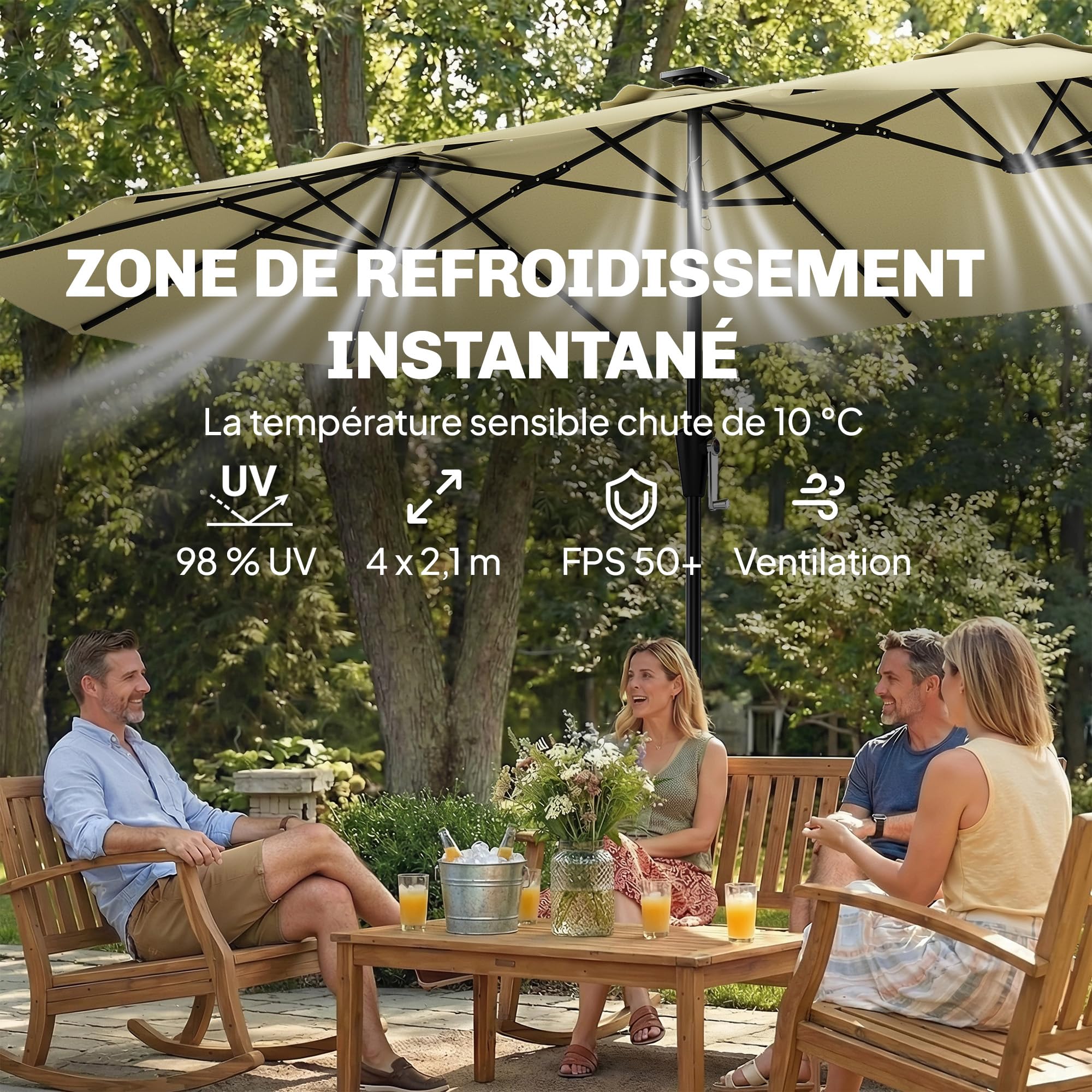 Outsunny Ombrellone da giardino doppio con 36 LED solari – grande ombrellone XXL rettangolare 395 x 215 cm UPF 50+ – Struttura a 12 balene con manovella per terrazza, balcone e campeggio, beige