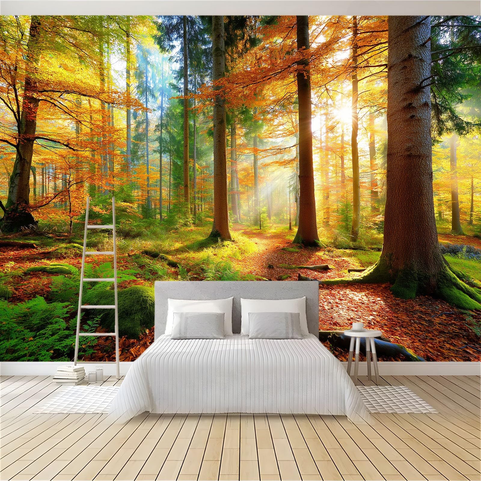 Tapeta Nordic Las Drzewa Mech Roślinność 200 x 140 cm Panoramiczny Zielony Szałwia Fototapety Dekoracja ścienna do sypialni salonu, pokoju dziecięcego, tła TV