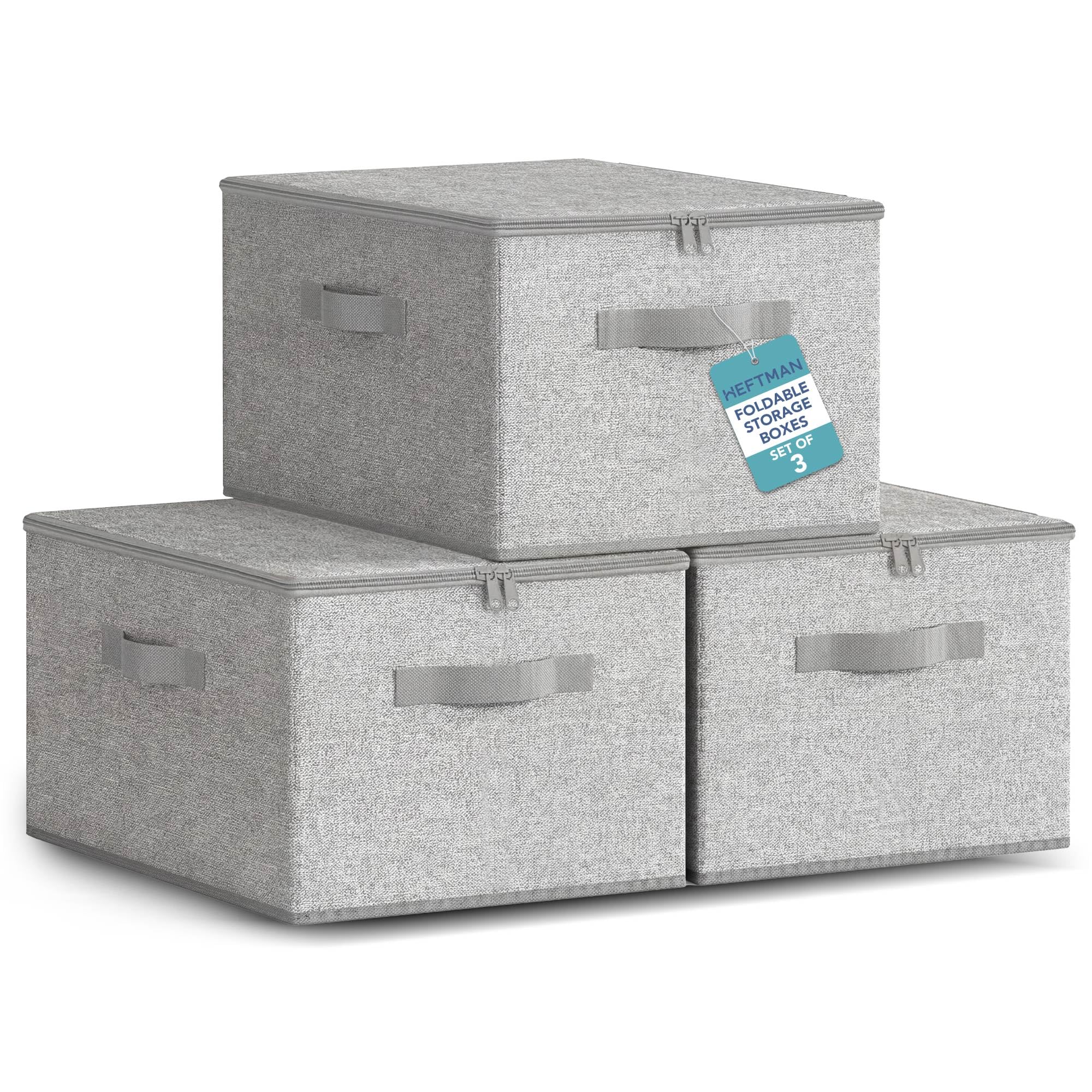 HEFTMAN Foldable Storage Boxes with Lids - Set of 3 (Light Grey)