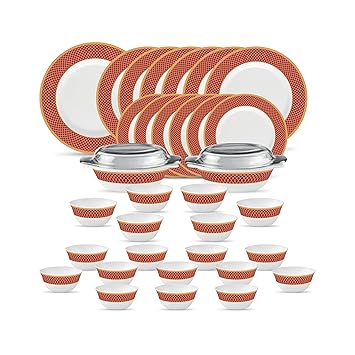 La Opala Diva Sovrana Collection Opal Glass Crockery | for Family of 6 | Dinner Set 35 pcs Regent Red | Plates & Bowls for Dining | Microwave Safe | 100% Vegetarian | Extra Strong | Light & White