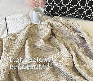 KyraHome Muslin Blankets for Adults, Kids, 50"x60", 100% Organic Cotton Throw Blanket, Plant-Dyed, Breathable Lightweight Throw Blanket for Couch, All Season (Oatmeal Khaki Tan)