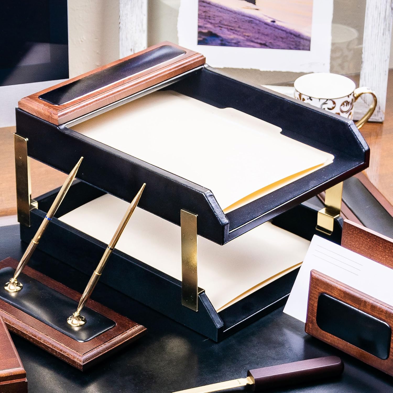 Dacasso Walnut & Leather Double Letter Trays (A8420), Black, Brown