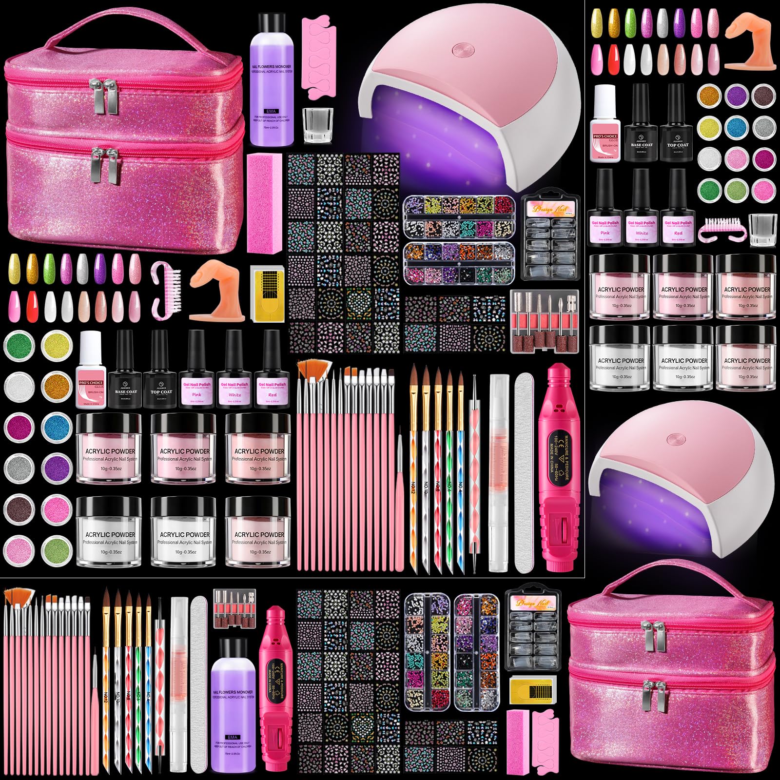 Deciniee Kit d’Ongles Acryliques Complet pour Débutants - Lampe UV, Perceuse à Ongles, Faux Ongles, Vernis Gel, Outil de Manucure, Décorations Nail Art dans un Sac Cadeau Rose - Idéal Cadeau Femme