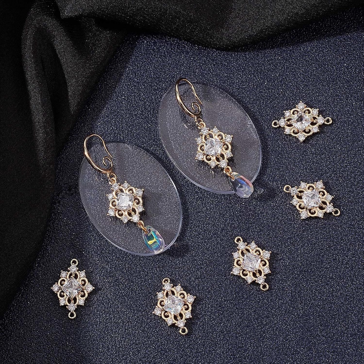 Beebeecraft 1 Box 8Pcs Connector Charms 18K Gold Plated Brass Cubic Zirconia Rhombus Links Connectors Hollow Flower Links Charms for DIY Bracelet Necklace Jewelry Making
