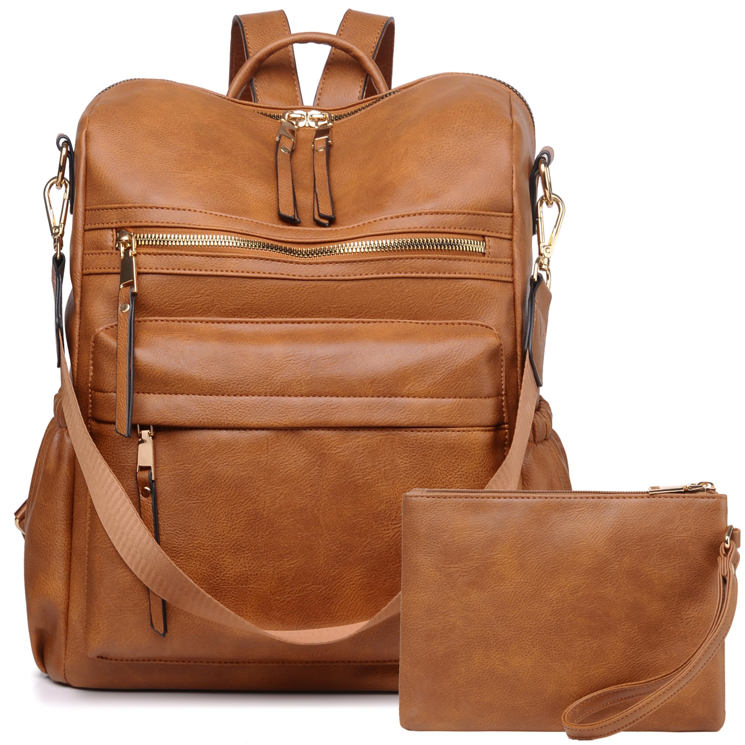 Dora & Liz Women Backpack Purse, Fashion Leather Designer Ladies Rucksack, Convertible Travel Shoulder Bag with Colorful Strap, Brown-2pack, M, Casual
