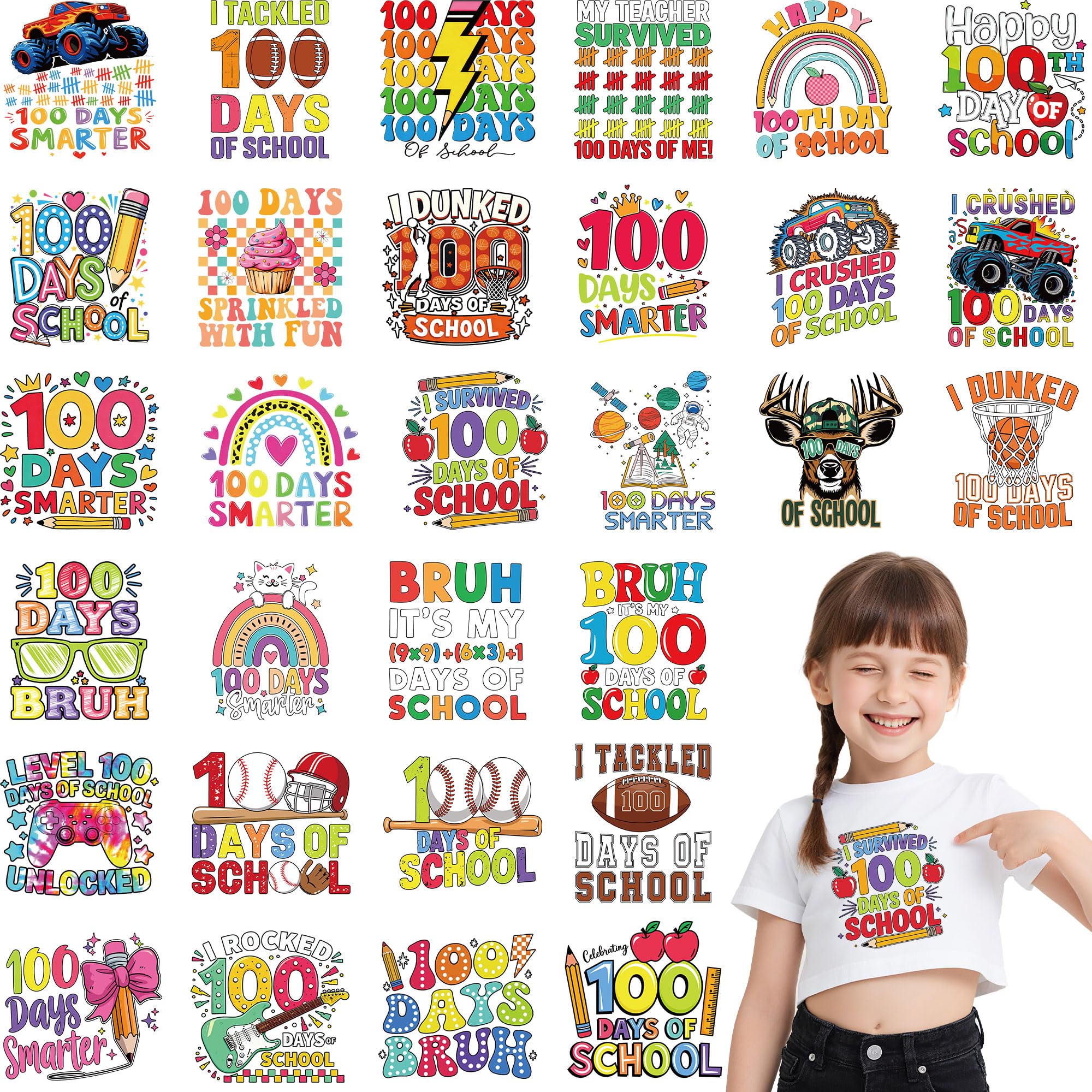 Sports Iron on Transfers for T-Shirts, 30 Pcs 100 Days of School DTF Decals Ready to Press, Athletic Iron on Stickers for Hoodies, Backpacks, School DIY Projects