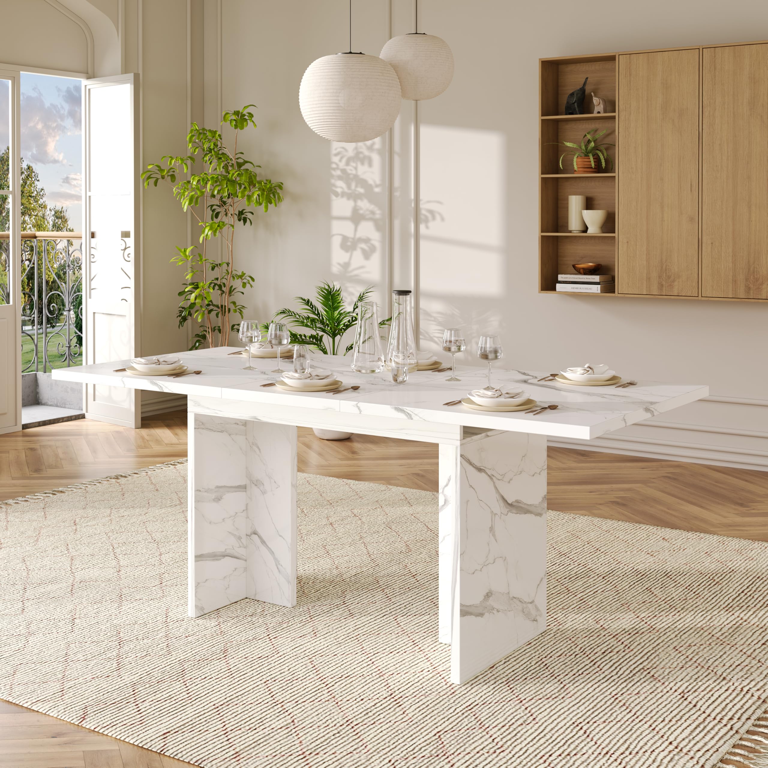 Rozsuwany stół do jadalni 140-180 x 80 cm dla 6-8 osób, wygląd białego marmuru, stół kuchenny z płytą MDF o grubości 30 mm, stabilny stół rodzinny do jadalni i kuchni