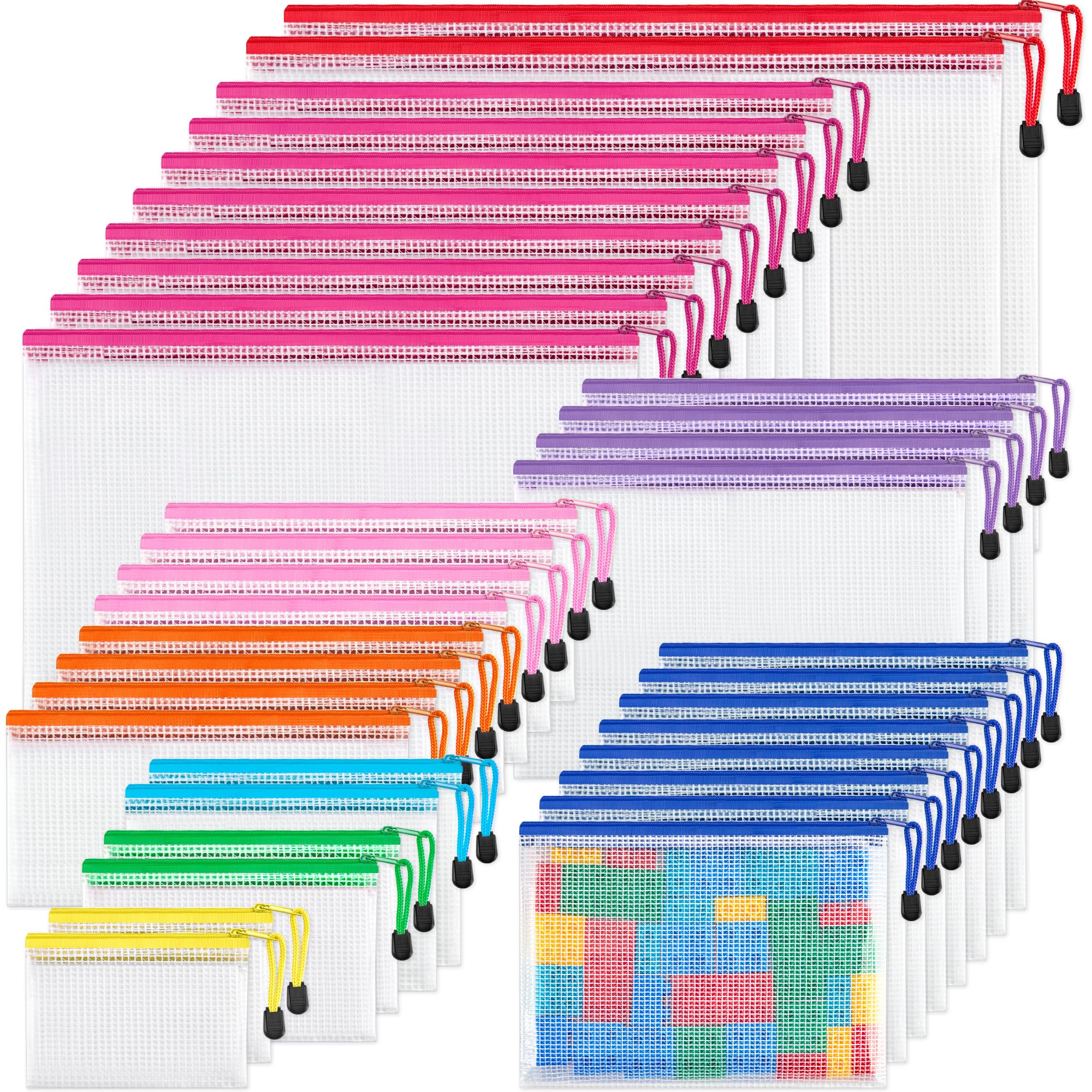 JARLINK 36 Pack 8 Sizes Mesh Pouch, 9 Colors, Waterproof Zipper File Bags Document Multipurpose Travel Bags for Office, School, Board Game, Puzzles,