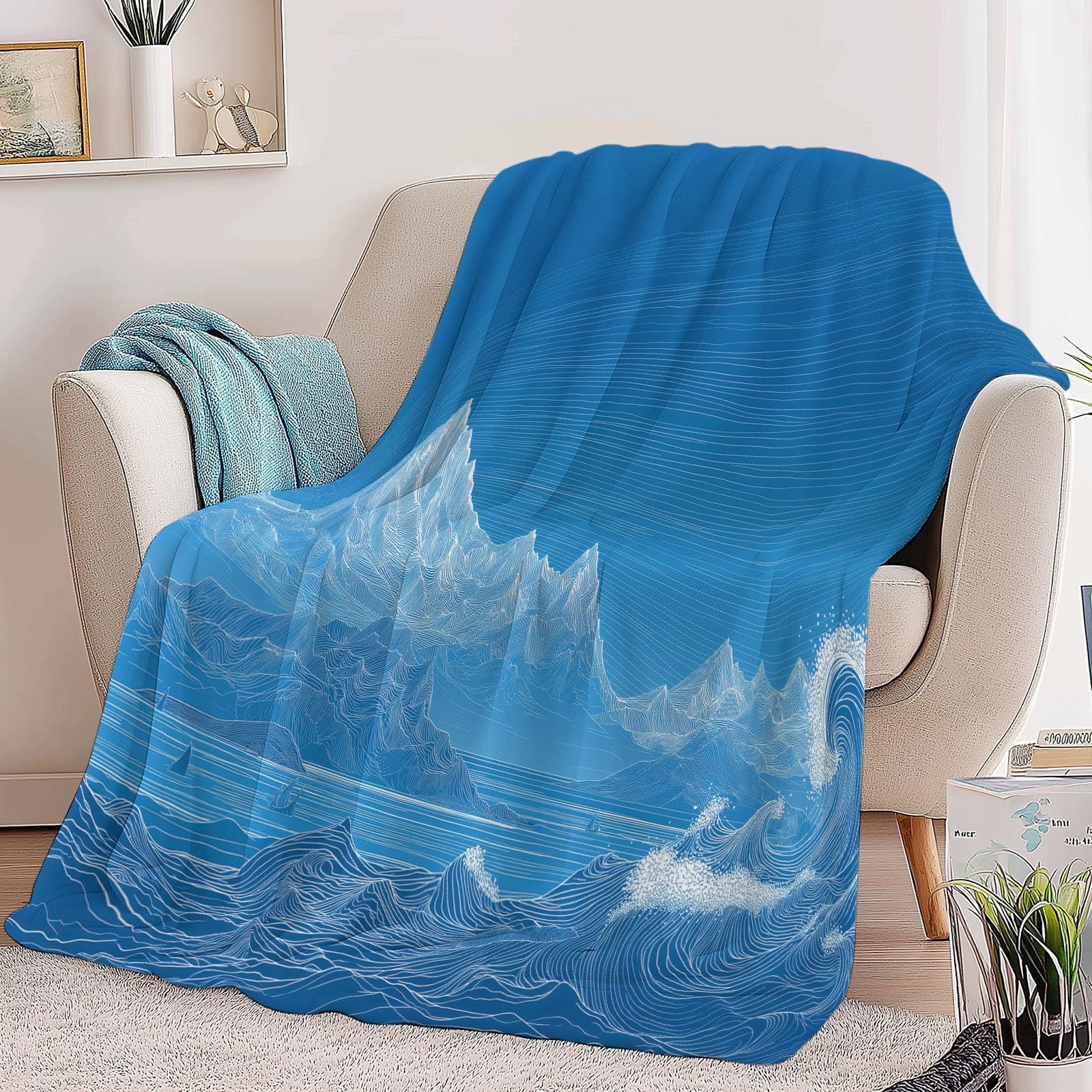 Générique 3D Couverture de Flanelle Polaire Plaid 150 x 200 cm, Couverture Imprimé Motif Abstrait Montagnes Océan Minimalisme eté de Canapé Douillette Bleu Confortable pour Chaise Lit Voyage
