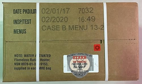 Caso de fecha de inspección MRE 2020, 12 comidas con fecha de inspección 2020, paquete de fecha B de 2017. Comida excedente militar lista para comer.
