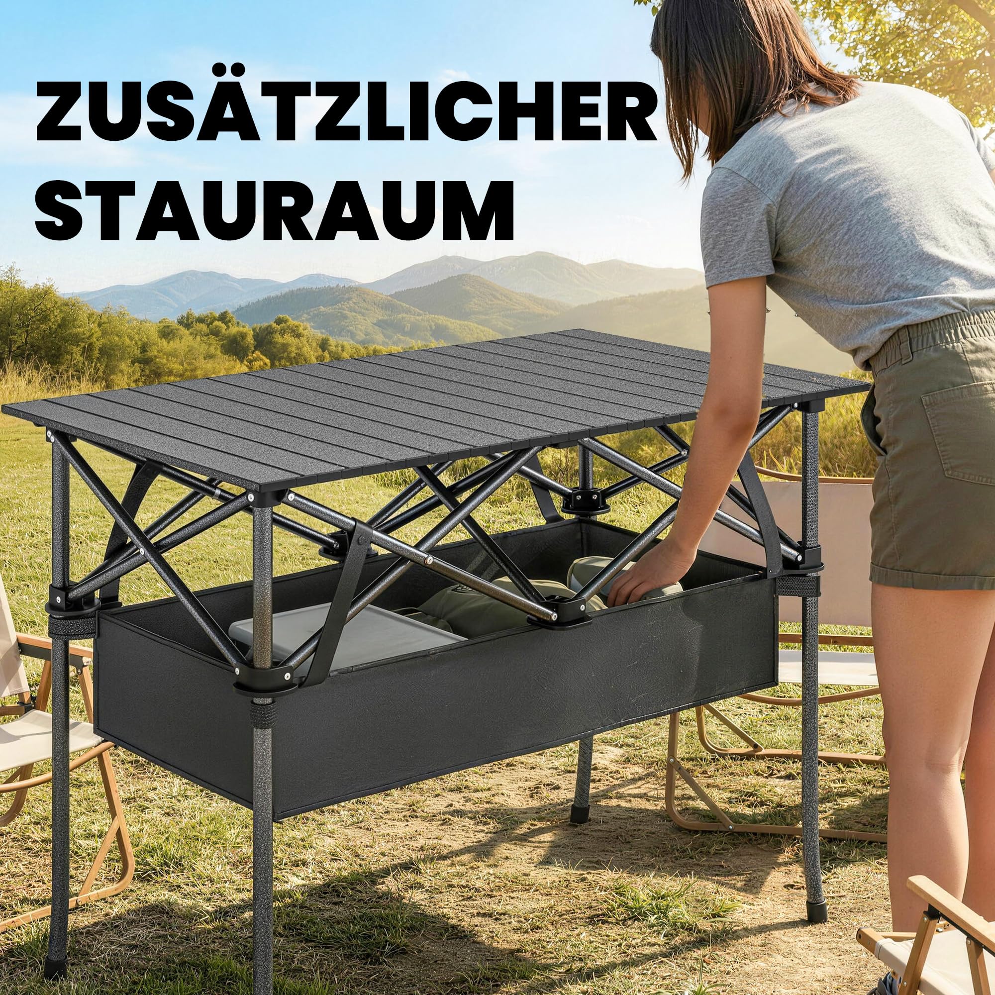 Outsunny Stół kempingowy, składany, kieszeń z siatki, torba transportowa, 93 x 68 cm, kolor czarny | Stół ogrodowy z aluminium, składany stolik pomocniczy, do ogrodu, na balkon, kemping