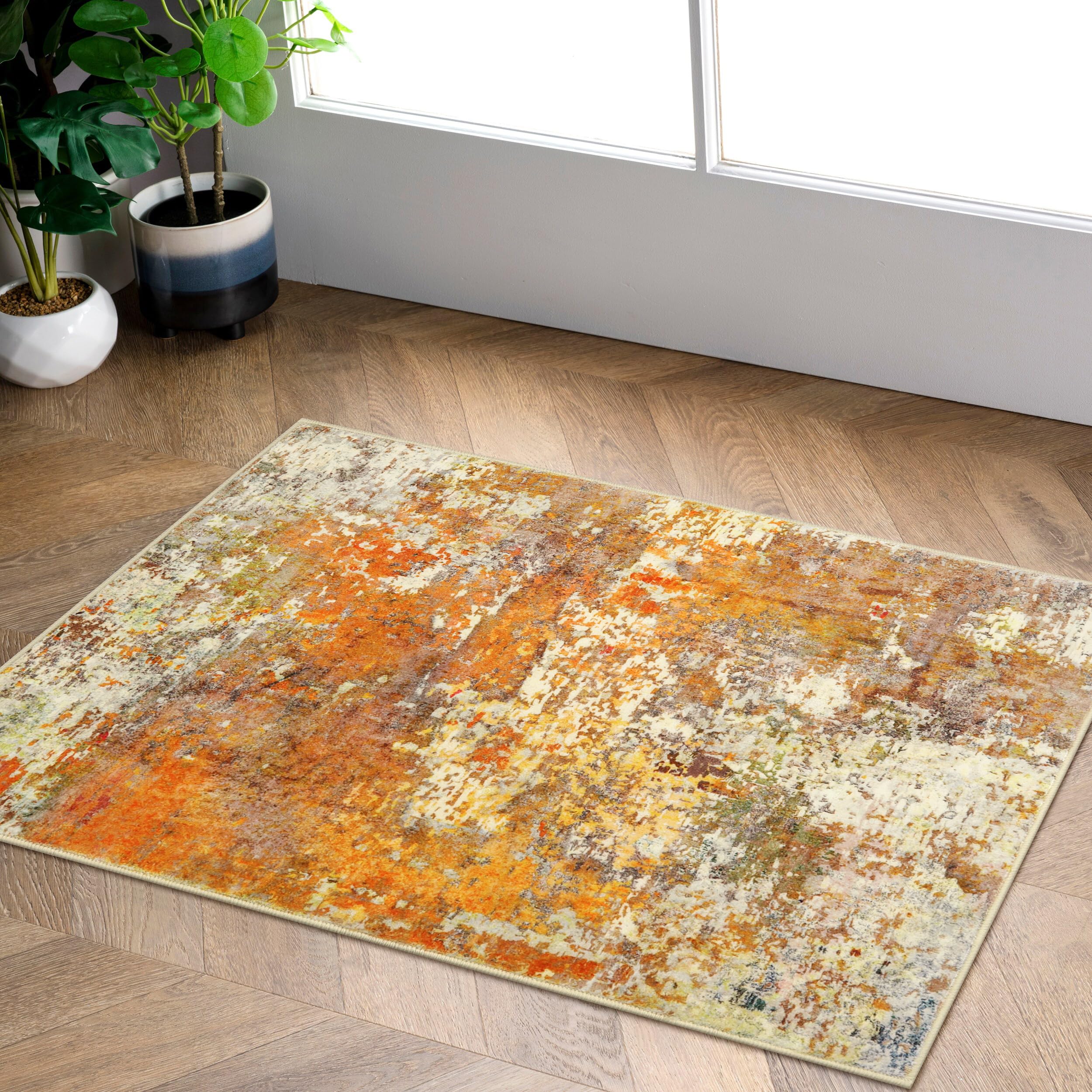 Lahome Modern Abstract Area Rug - 2x3 Small Bathroom Rugs Washable Entry Rug Kitchen Floor Mats, Contemporary Soft Non Slip Indoor Throw Carpet for Entryway Bedside Living Room, Yellow/Gold/Cream