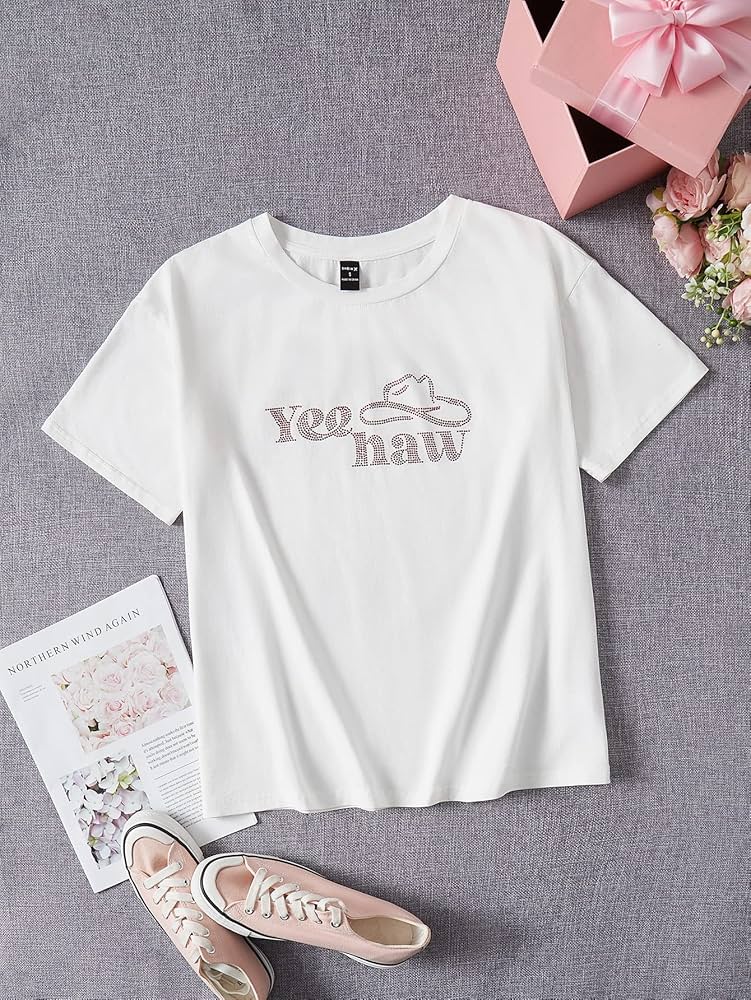 Amazon.co.jp: 女性の T シャツ ラインストーン 文字パターン T