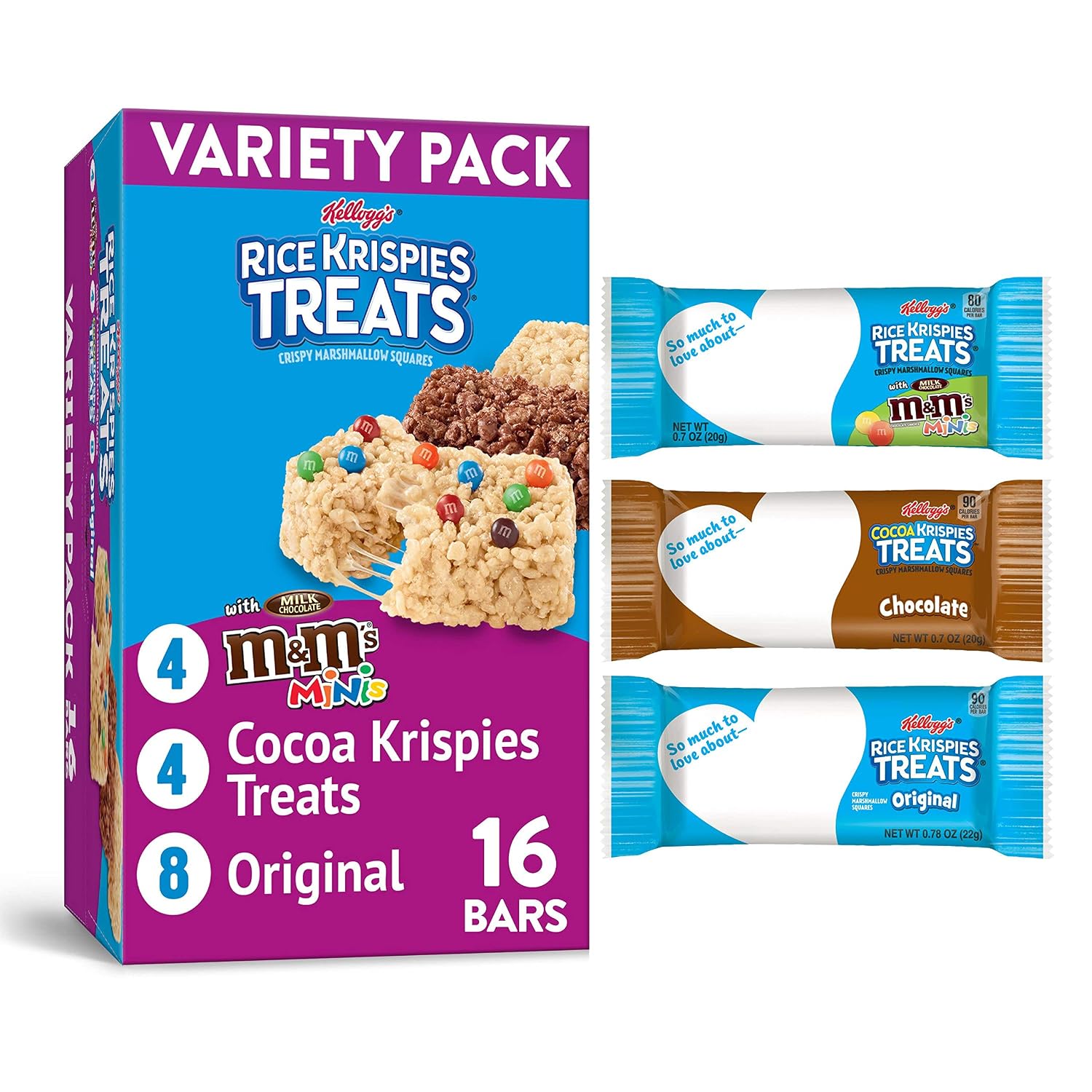 Rice Krispies Treats Marshmallow Snack Bars Variety Pack, Kids Snacks, School Lunch, 12.4oz Box (16 Bars)