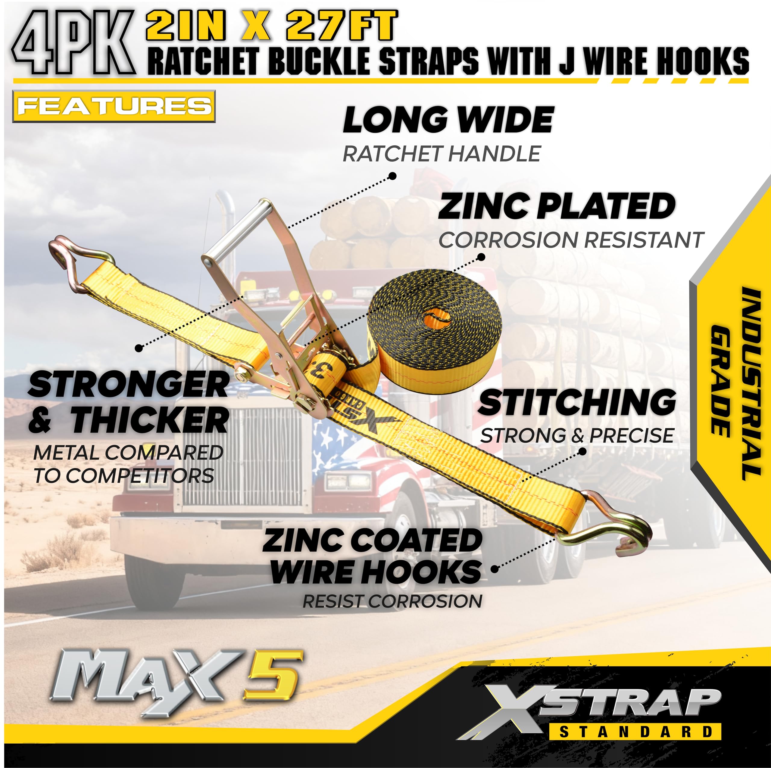 XSTRAP STANDARD Confezione da 4 cinghie industriali da 5,1 cm x 27 ', cinghie a cricchetto resistenti con doppi ganci a J, carico di lavoro 1511,8 kg, resistenza alla rottura 4.535,9 kg, cinghie da