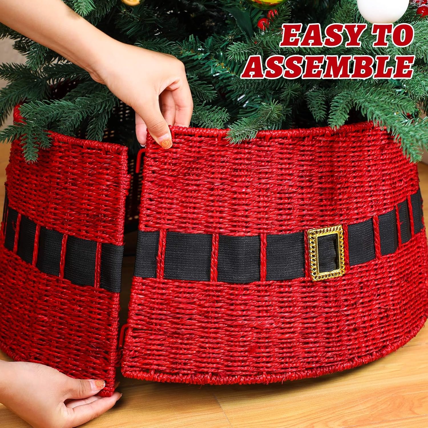 Poen Rattan Red Christmas Tree Collar for Artificial Trees 23.6 Inch Christmas Santa's Belt Tree Basket Base Collar Farmhouse Wicker Skirt Cover for Rustic Party Decoration