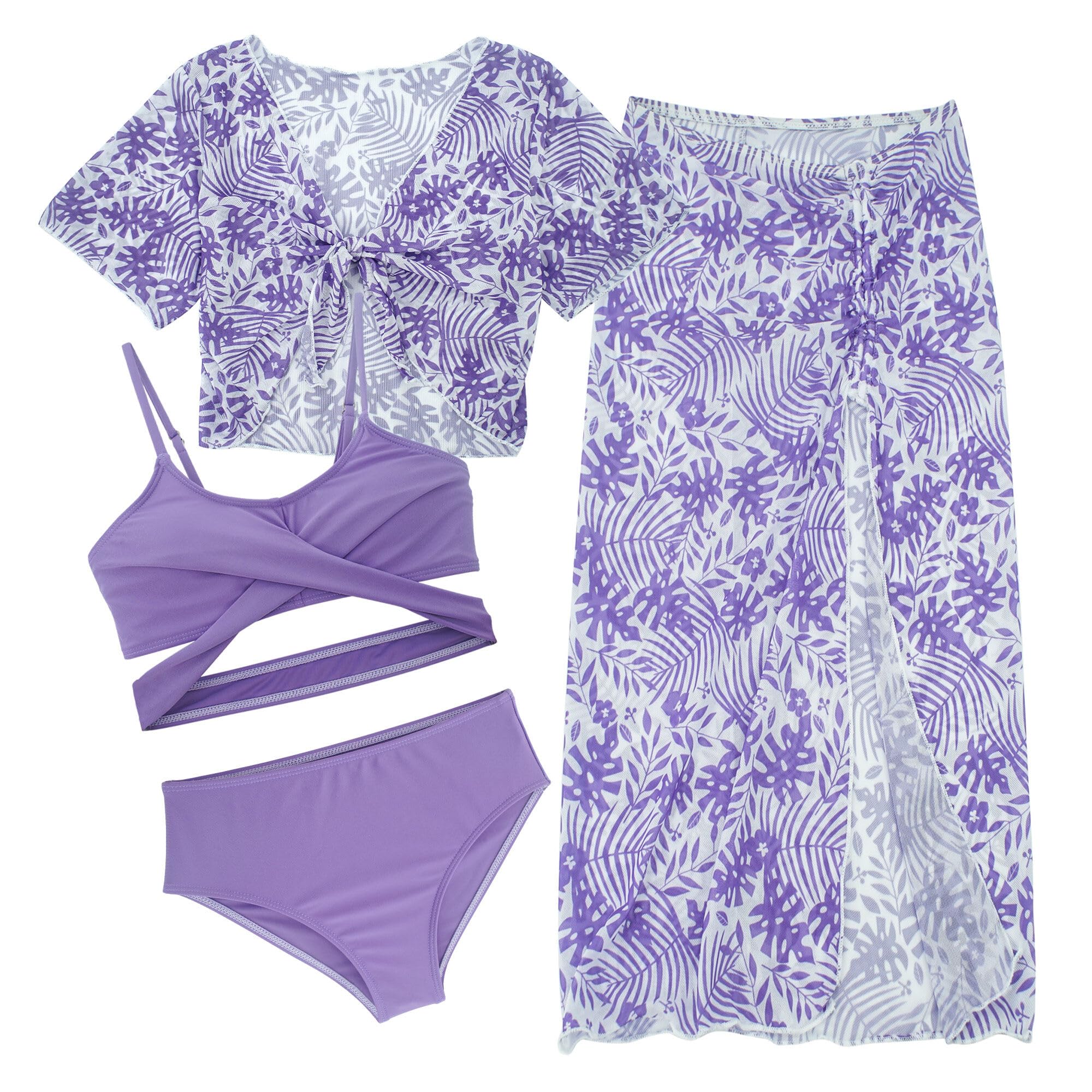 Maeau Bikini Bañador 4 Piezas Niña Estampado Tropical Protección UV Cover-up Top Manga Corta et Falda Larga Traje de Baño de Playa 8-12 años