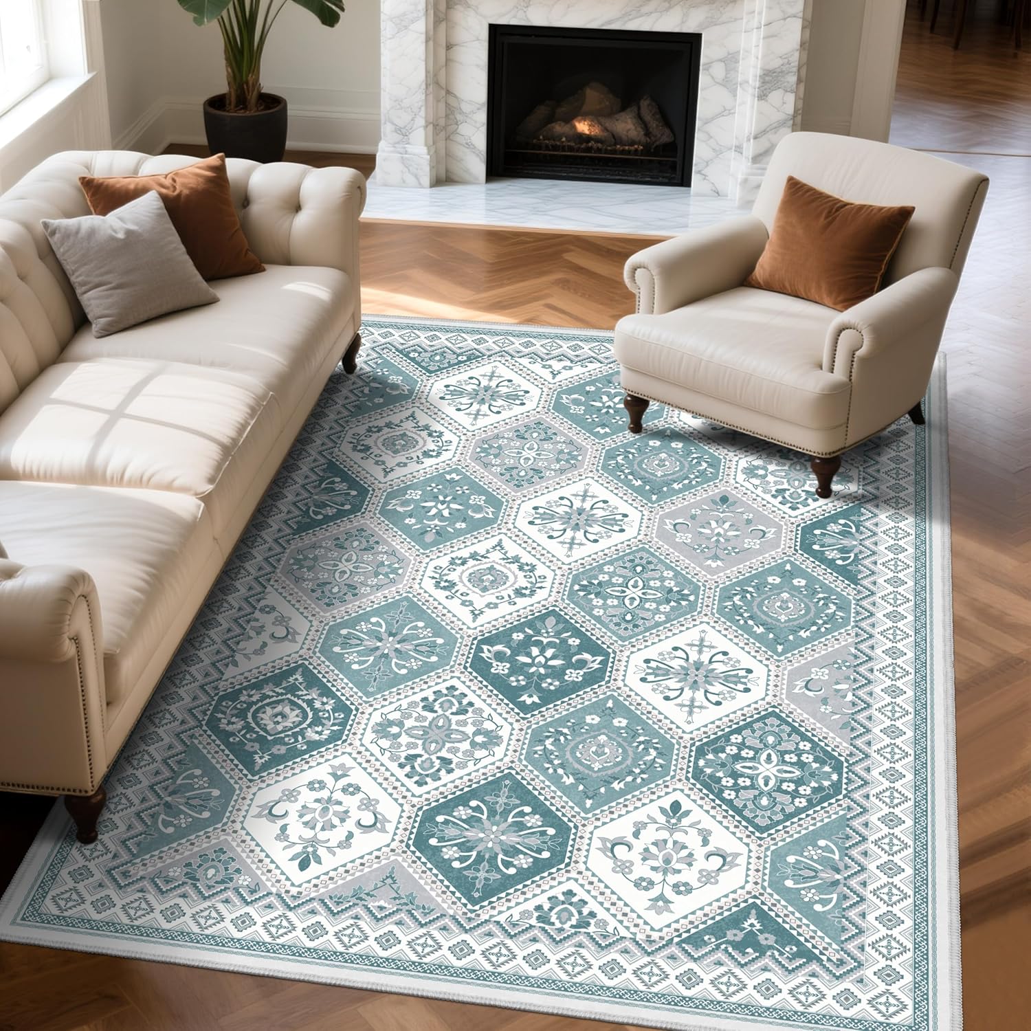 6x9 Area Rugs for Living Room, Soft Non-Slip Vintage Boho Moroccan, Low-Pile Printed Washable Teal Rug for Living Room, Bedroom, Dining Room, Playroom-Teal 6' x 9' (Rectangular) Ema-teal