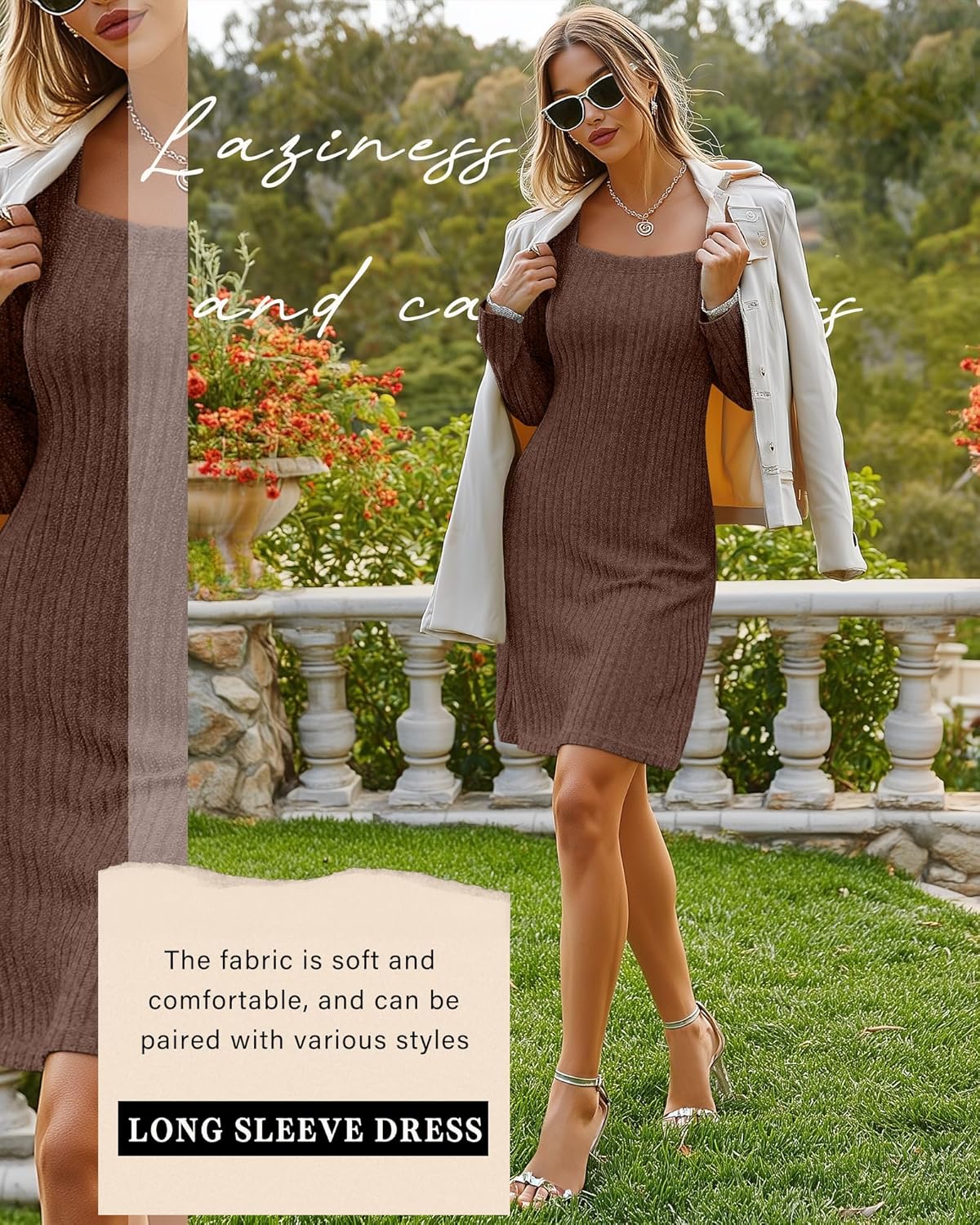 3 Pack Women's Sweater Dresses Square Neck Long Sleeve Ribbed Knit Casual Tunic Dress Fall Winter Trendy Outfits(Dark Caramel, Brown, Black,Small) - Image 3