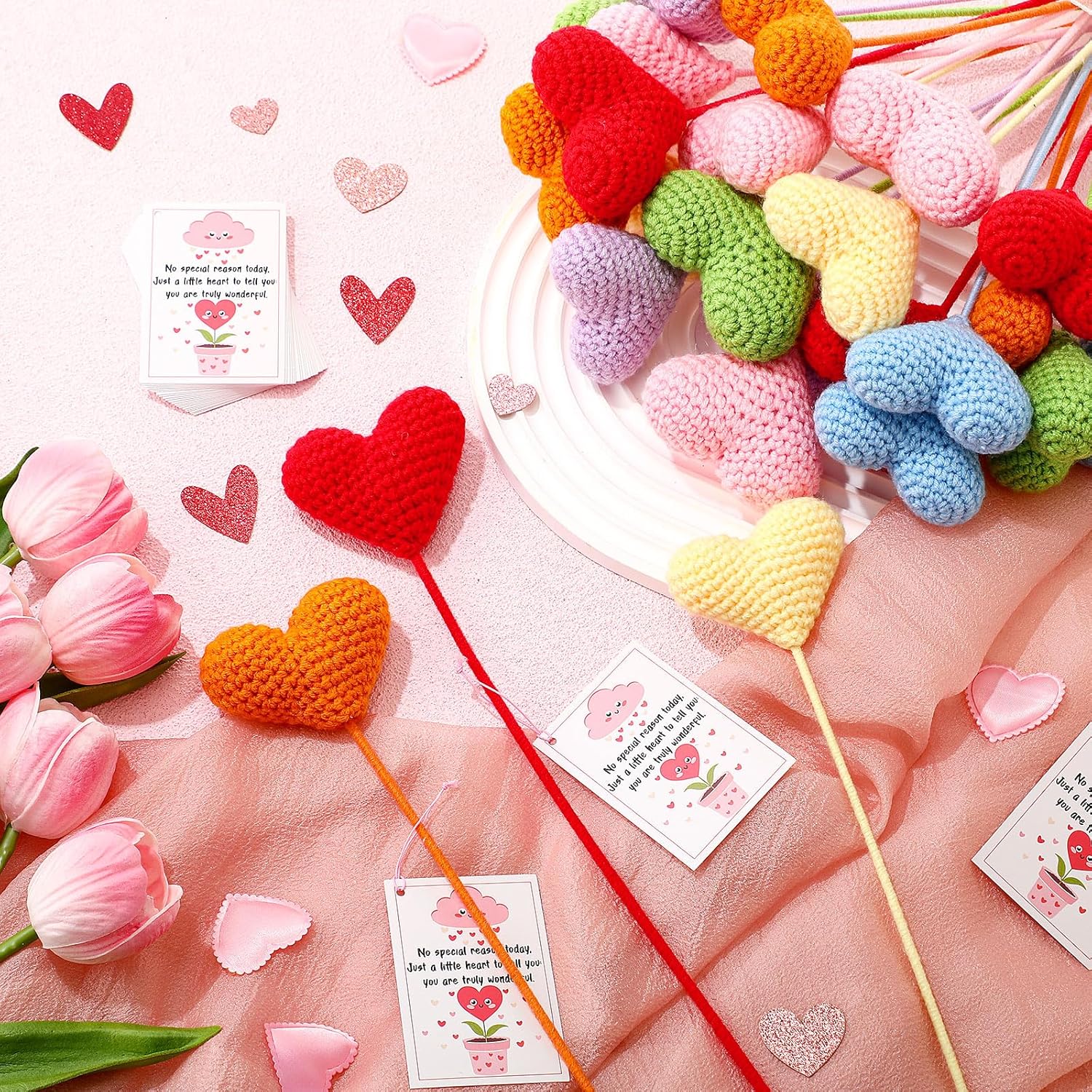 24 Set Employee Appreciation Gifts Crochet Heart Gifts Handmade Knitted Heart Flowers Bulk with Inspirational Cards for Women Girlfriend Employee Nurse Teacher Coworker Volunteer Team Staff