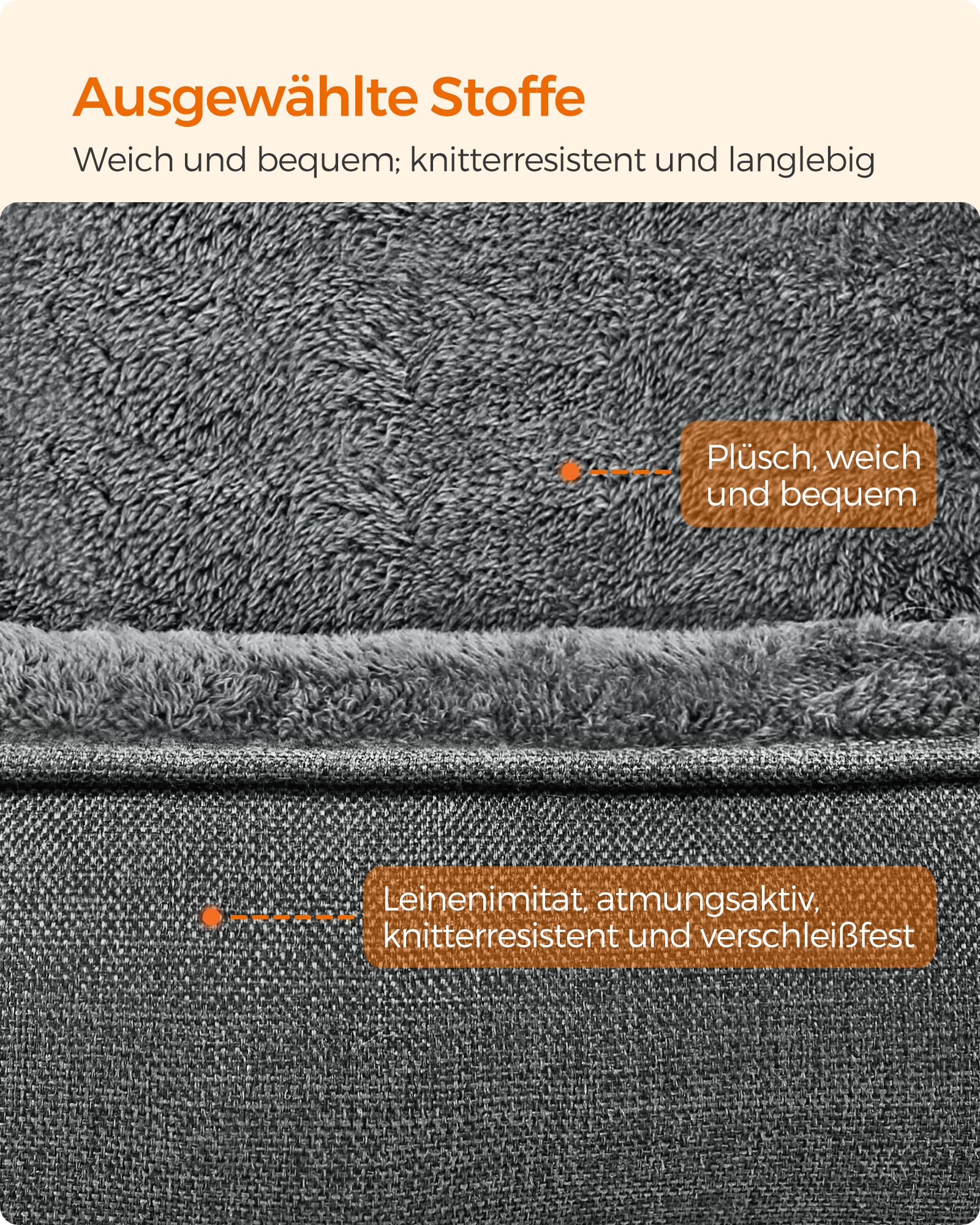Feandrea Hundebett, Hundekissen in Leinenoptik, Hundekorb, erhöhte Ränder, rutschfeste Unterseite, Bezug abnehmbar waschbar, M, für kleine Hunde, 70 x 55 x 21 cm, hellgrau PGW10GG