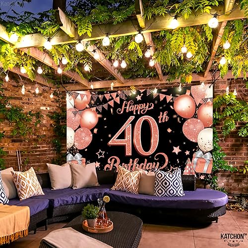 Miniatura 5 de KatchOn, Pancarta de cumpleaños número 40 de oro rosa, extragrande, 72 x 44 pulgadas, telón de fondo de cumpleaños 40, pancarta de feliz cumpleaños