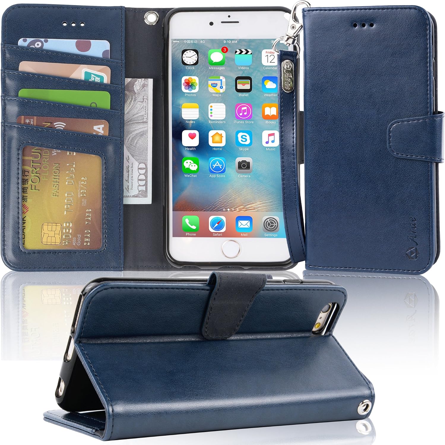 Arae wallet case for iPhone 6s Plus / iPhone 6 plus [Kickstand Feature] PU leather with ID&Credit Card Pockets For Iphone 6 Plus / 6S Plus 5.5" (not for 6/6s) (Blue)