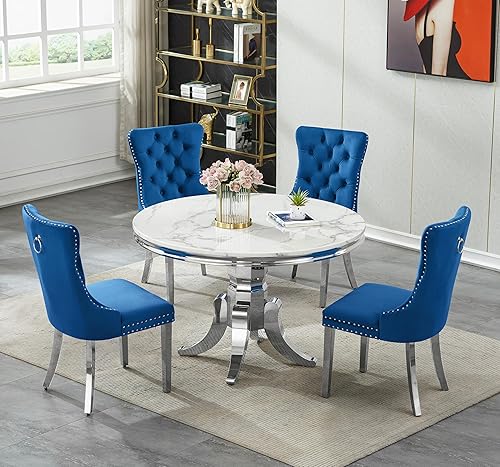 Miniatura 20 de Juego de mesa de comedor redonda de mármol blanco para 6, mesa de comedor redonda de lujo de mármol de 45 pulgadas con 6 sillas de terciopelo azul,