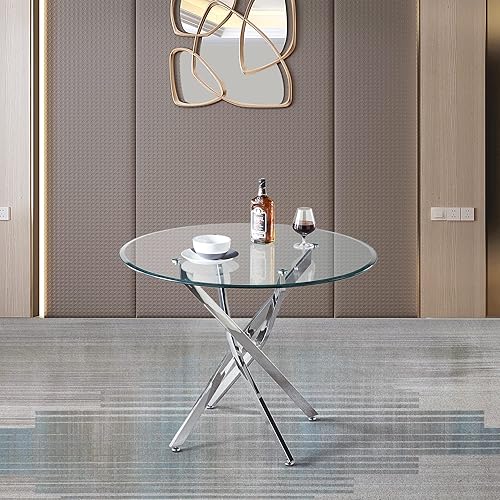 Pvillez Mesa de comedor contemporánea, vidrio templado redondo de 36 pulgadas, base de acero inoxidable, asientos 4, mesa de cocina transparente