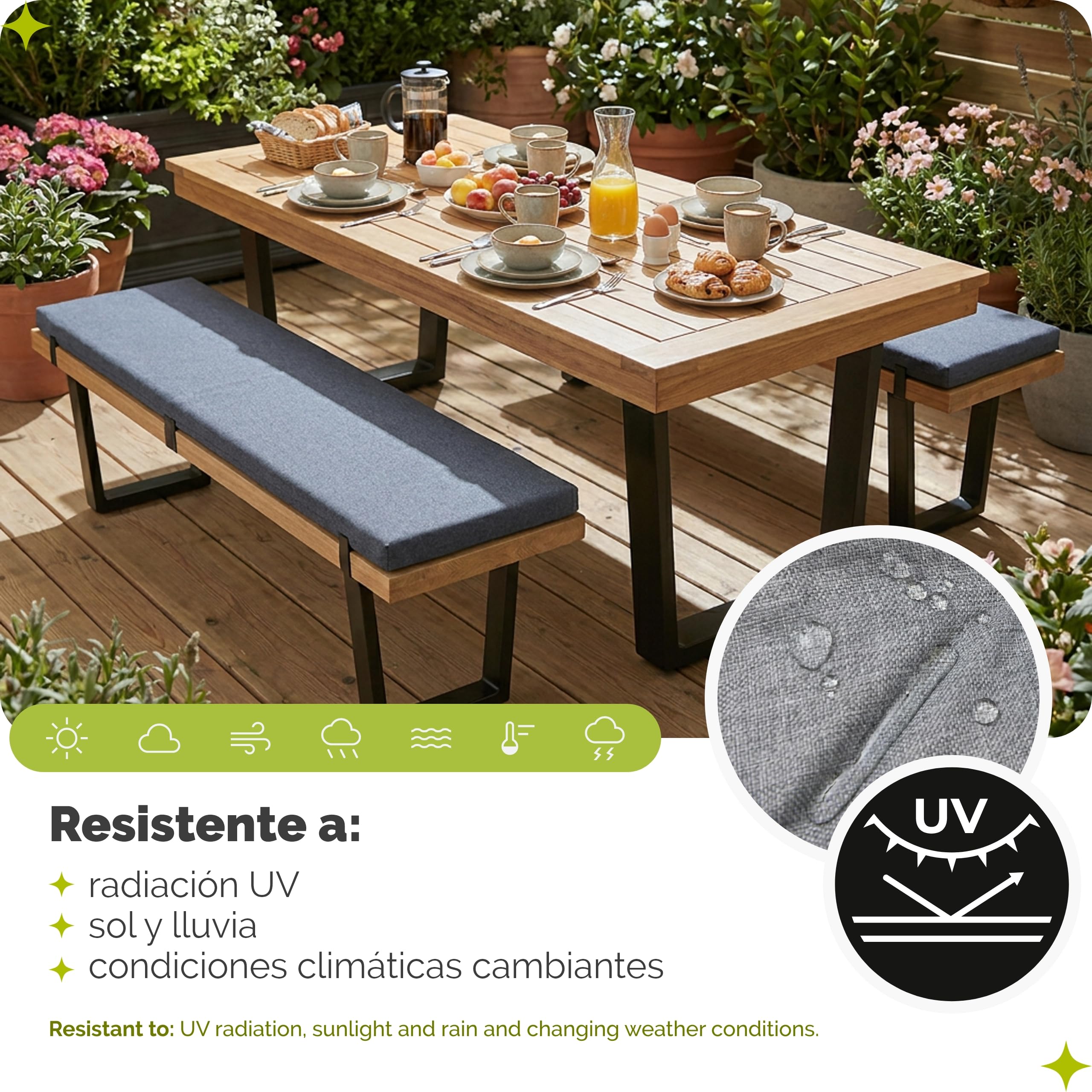Garronda Cojín Impermeable para Banco 100x40 cm Aprox 4 cm Grosor Asiento Exterior para Banco de jardín y Columpio Acolchado Resistente UV con Cintas Gris Claro GD-0220