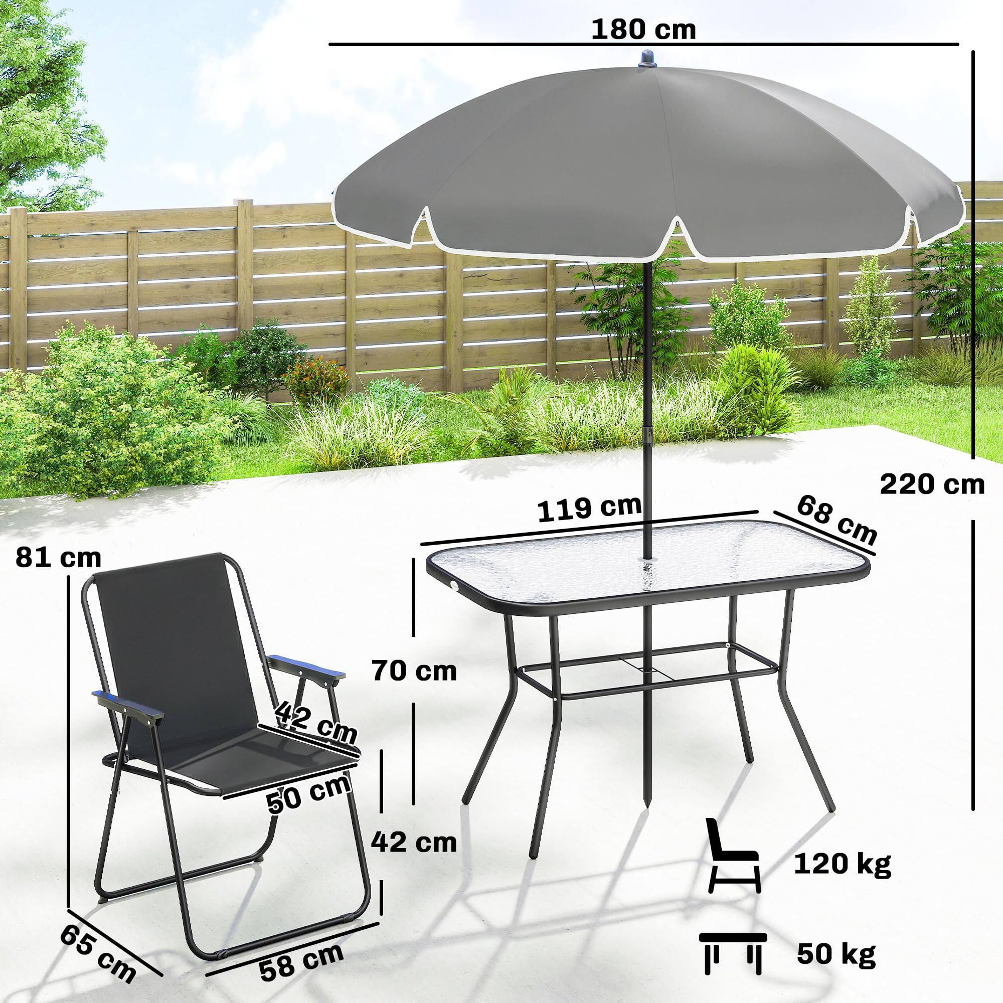 Outsunny Set Tavolo e Sedie da Giardino 8 Pezzi con Ombrellone, Acciaio, Vetro Temperato, Nero