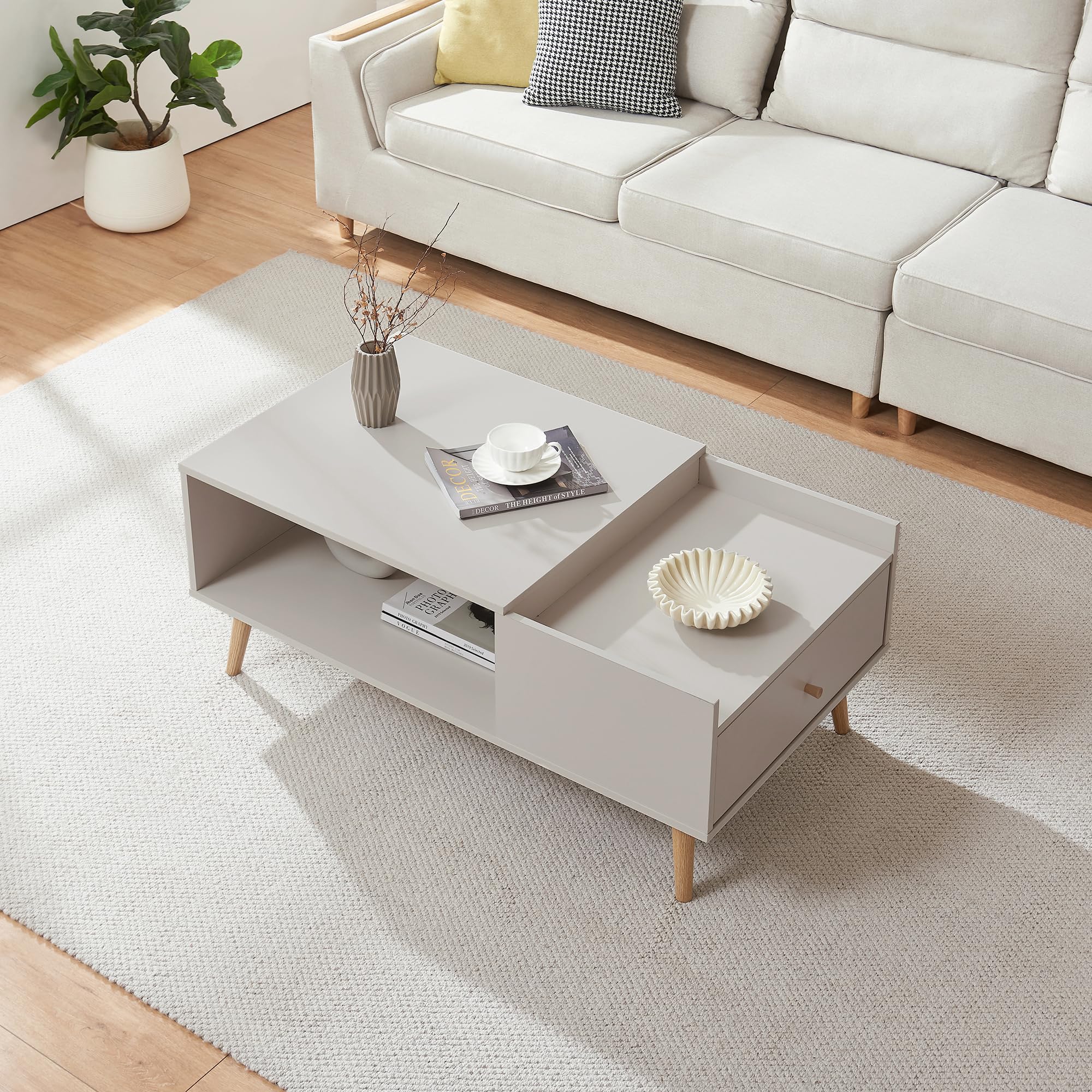 [en.casa] Mesa de Centro Hallevil con Tablero Rectangular Mesita de Café con Compartimento Abierto y Cajón Mesa Auxiliar de Sofá Salón Despacho 106 x 59 x 44 cm - Blanco