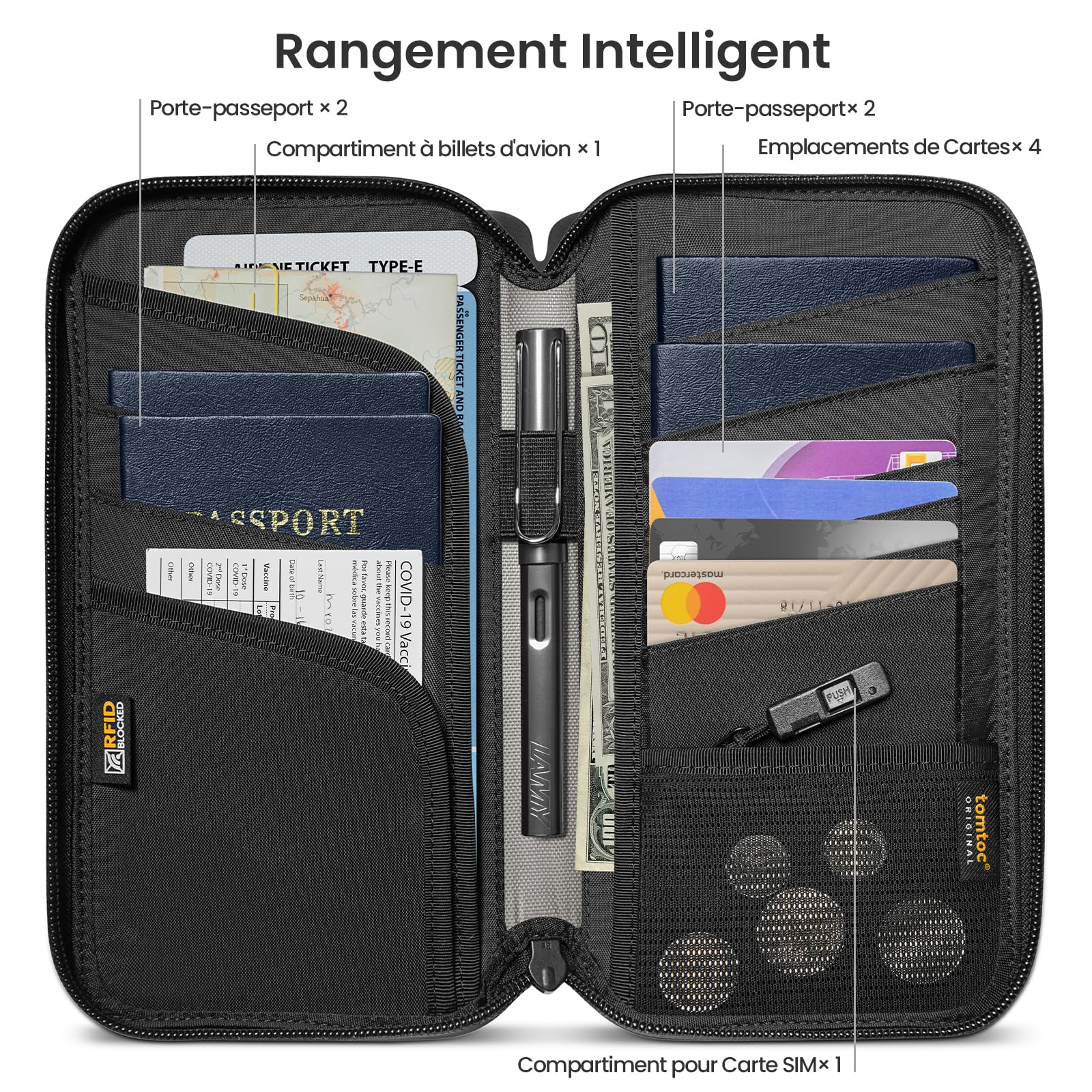 tomtoc Étui pour Passeport de Famille pour 4 passeports et 4 Cartes, Étui de Protection Organisateur avec Porte-Carte SIM et Eject Pin, Protection RFID, Compartiment pour Carte de Vaccination