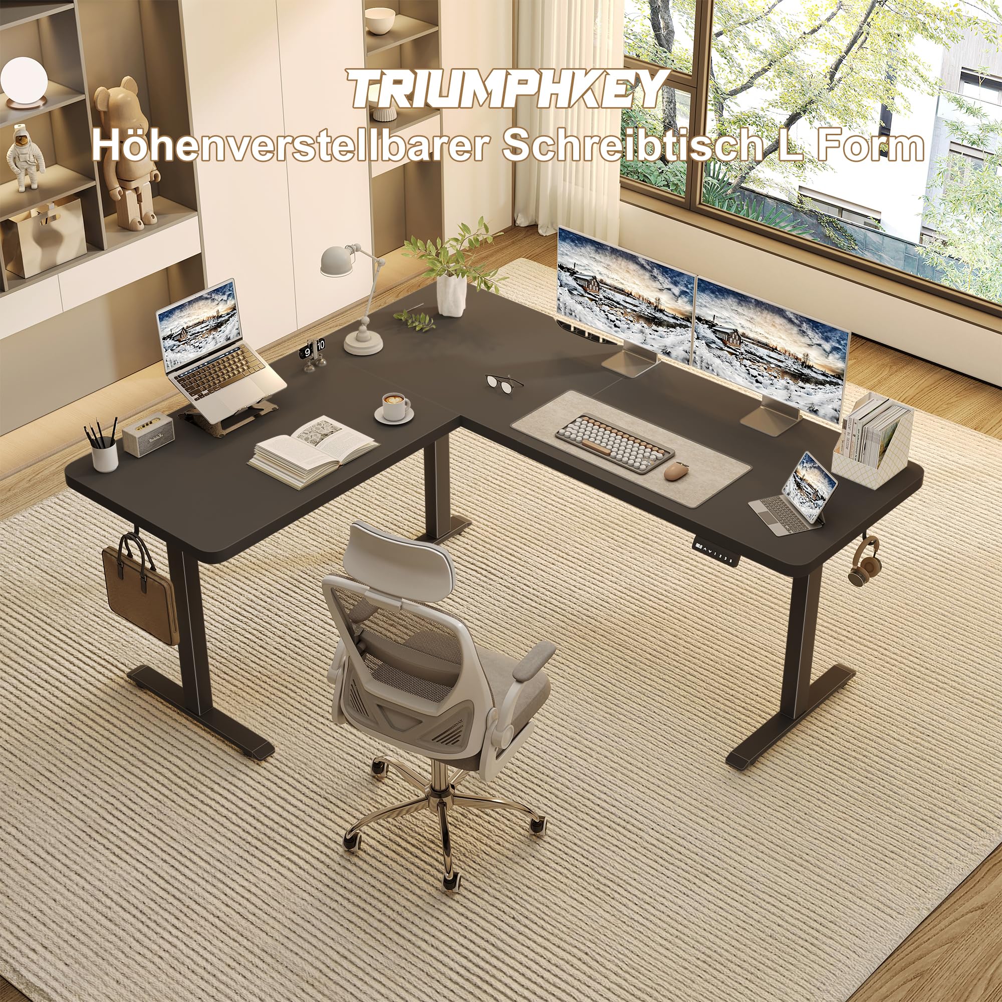 TRIUMPHKEY L-förmig Höhenverstellbarer Schreibtisch Elektrisch mit 3 Memory-Steuerung, 160 x 140cm Eckschreibtisch mit Kabelmanagement und Haken, Ergonomischer Computertisch Schwarz