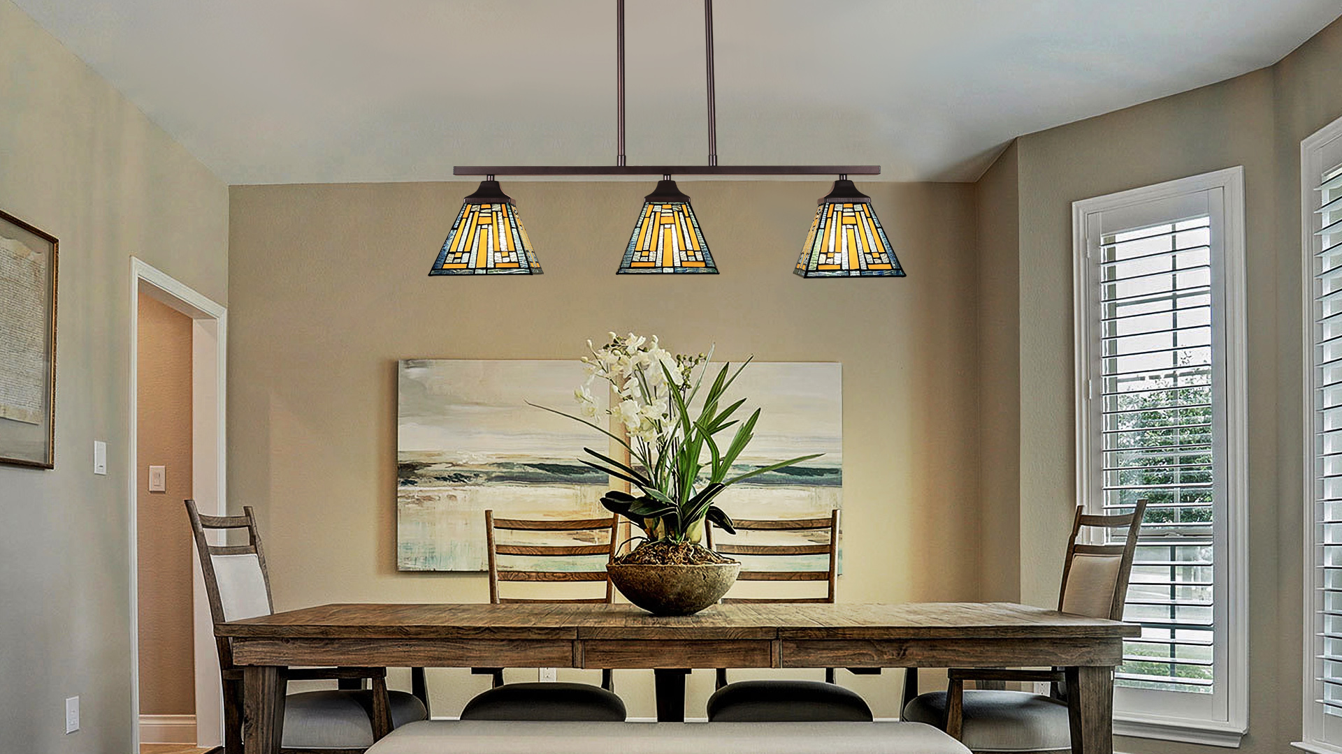 Image of Tiffany Pool Table Lights,Stained Glass 3-Lights Kitchen Island Lighting,Antique Style Hanging Pendant Lighting Fixtures for Dining Room Gameroom Bars