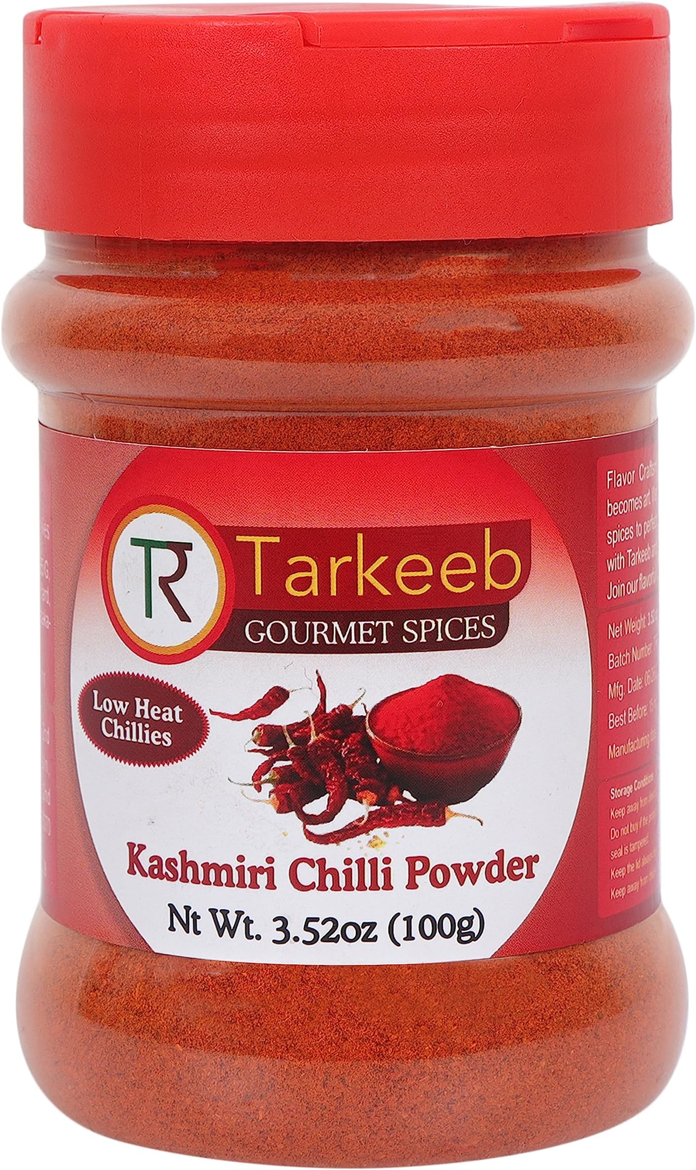 Tarkeeb Kashmiri Chili Powder (Deggi Mirch, Low Heat) 3.52 oz (100g) Shaker Top PET Jar | Authentic Indian Spice | All Natural | Salt-Free | Vegan | Gluten Free | Indian Origin |