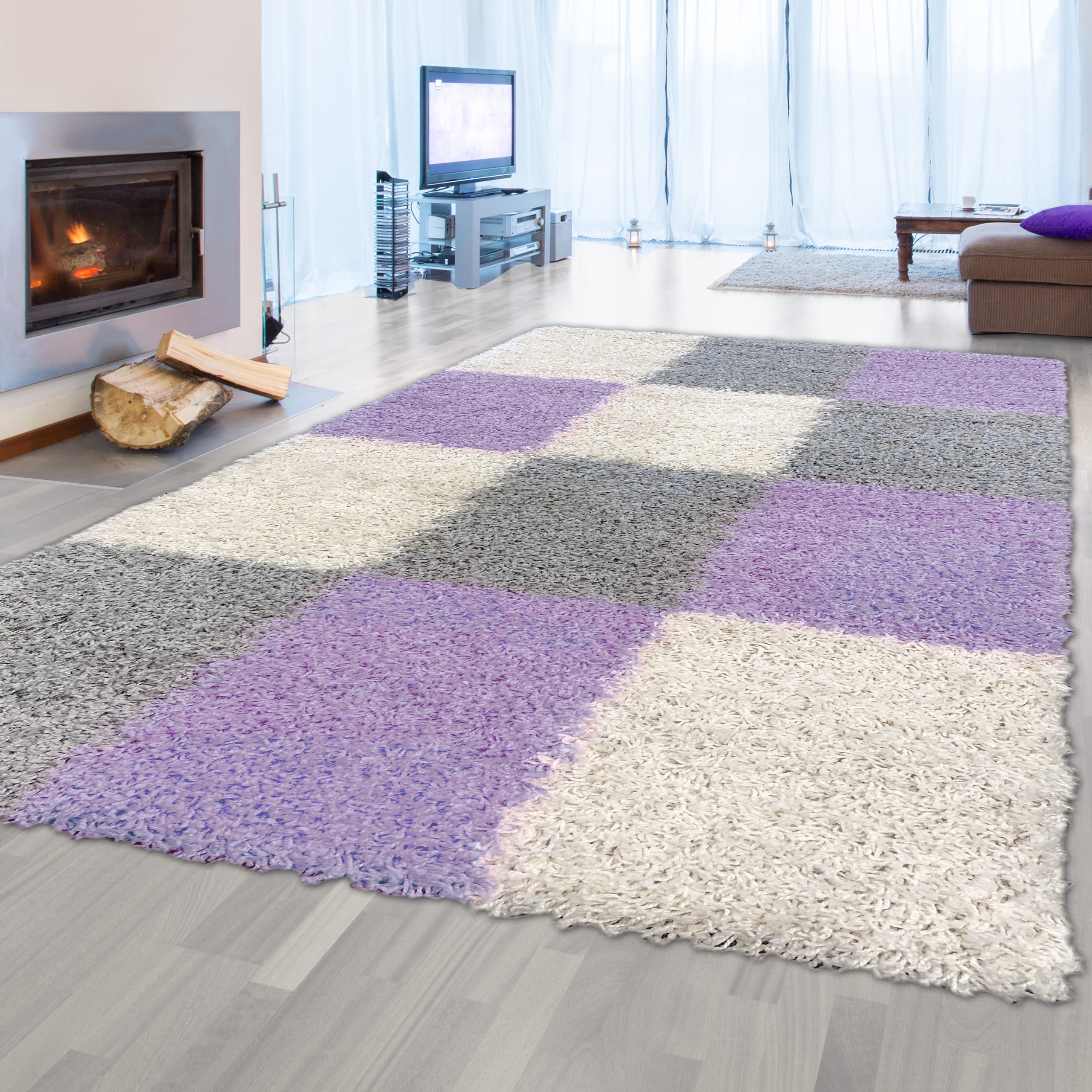 Teppich-Traum Shaggy Teppich Hochflor Karo Flieder Grau Creme 160x230 cm | Flauschig-weich, pflegeleicht, strapazierfähig, formstabil, allergikergeeignet, saugrobotergeeignet, Schlaf- & Gästezimmer