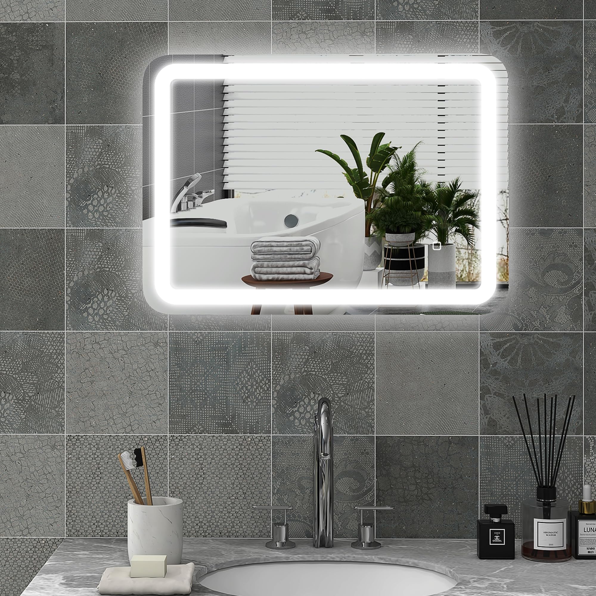 HOMCOM Badspiegel mit Beleuchtung 70 x 90 cm mit 3 Lichtfarben Silber