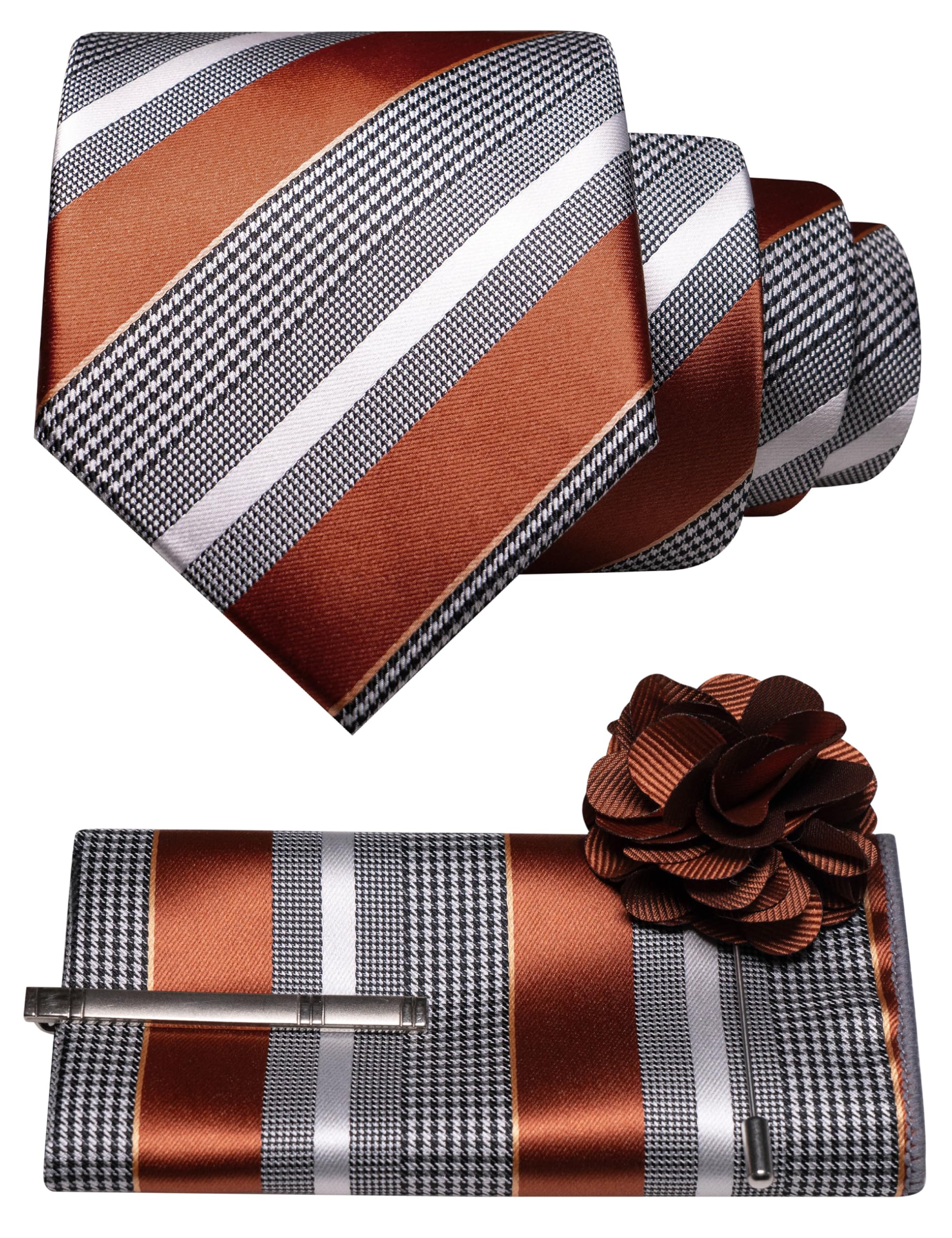 JEMYGINS Mens Striped Tie and Lapel Pin Necktie Pocket Square and Tie Clip Sets for Business Casual 4PCS