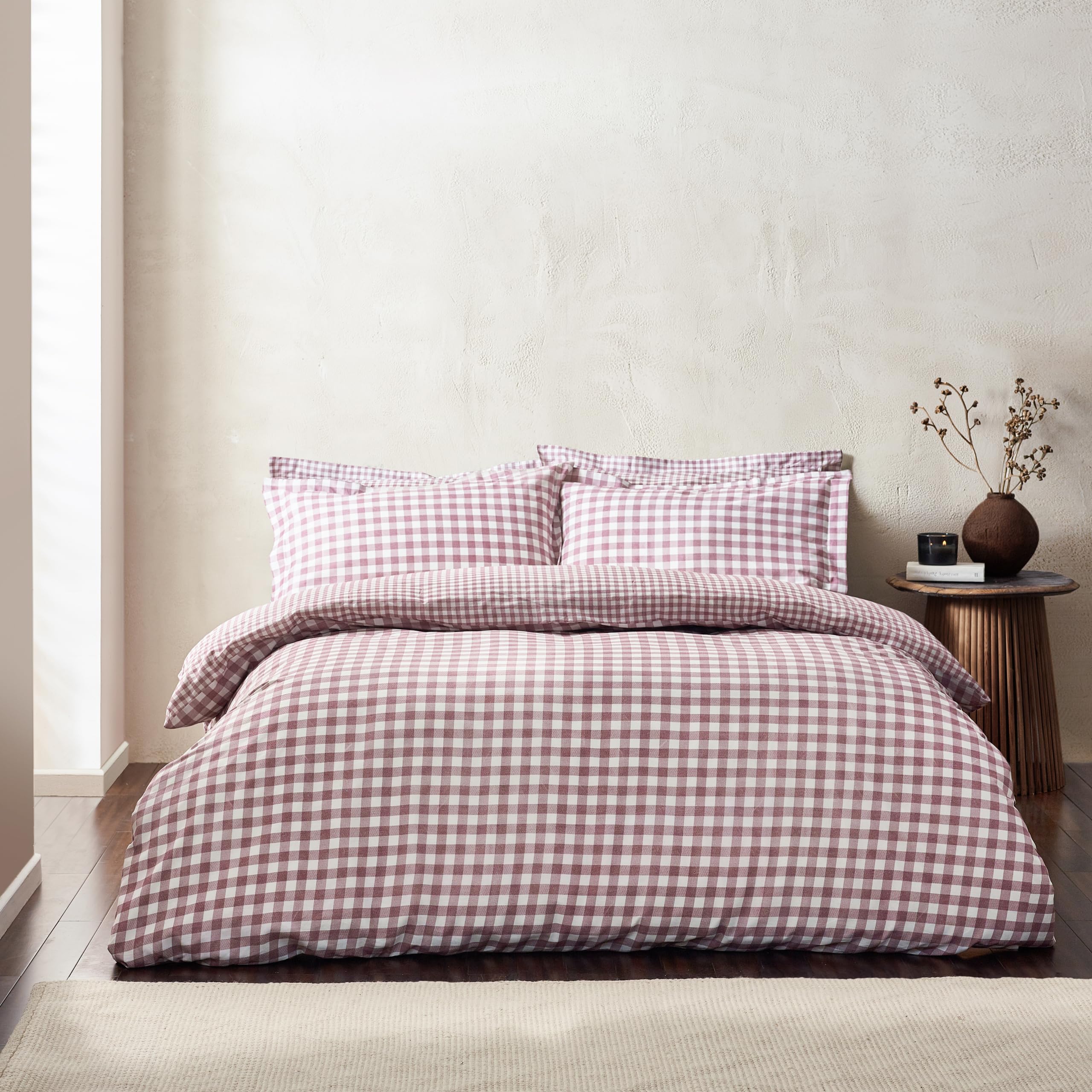 Yard Barton Gingham Check Duvet Cover Set, 100% Cotton Reversible Oxford Pillowcases Soft & Breathable Premium Bedding (Berry - Image 4