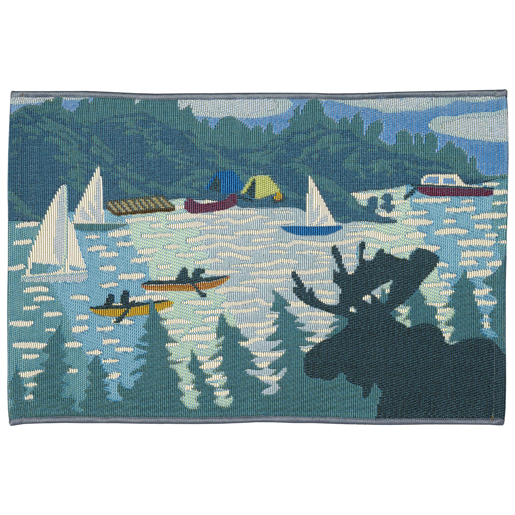 Liora ManneEsencia Machine Washable Non-Slip Low Profile Indoor/Outdoor Mat-Transitional, Camping, Nature, Whimsical, Lake Life Blue 2' x 2'10"