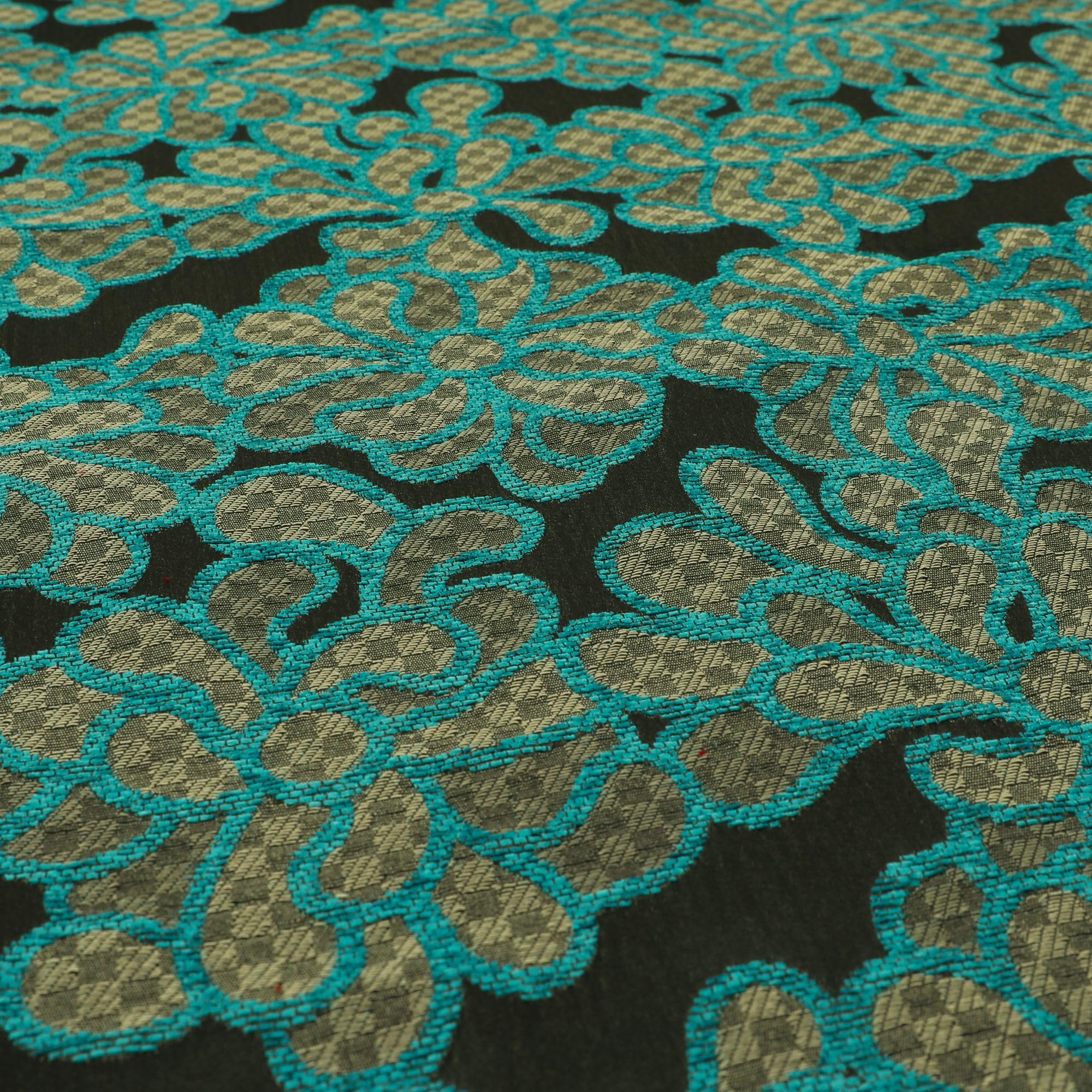 Telas estampadas para cortinas, tapicería y diseño floral en azul, verde azulado, gris y negro (por metro)