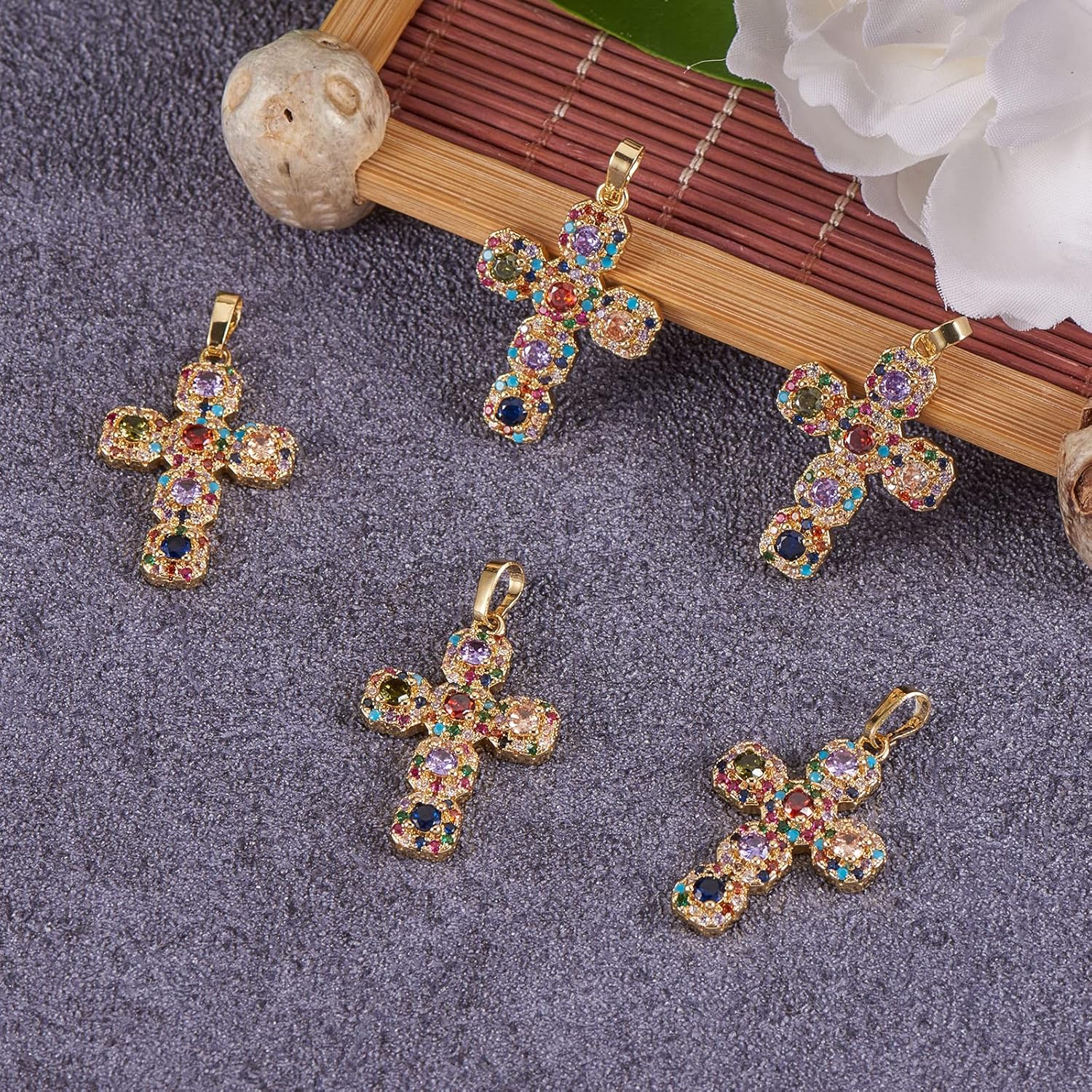 5 Pieces Cross Cubic Zirconia Charm Pendants Brass Cross Charm Real 16K Gold Plated for Jewelry Necklace Bracelet Making Crafts - Image 4