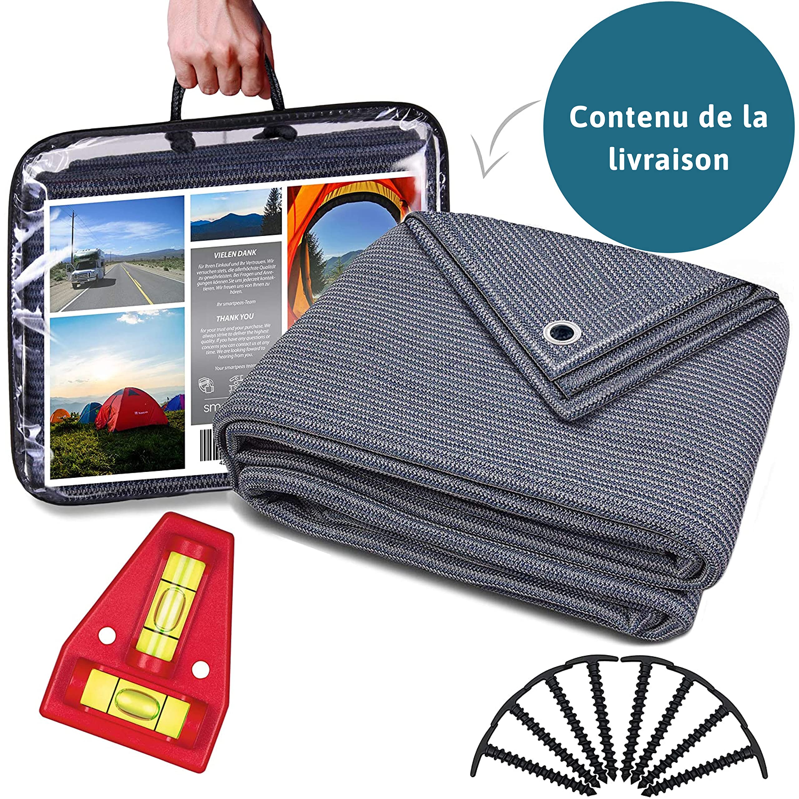 Tapis De Sol Extérieur Polyéthylène Bleu/Gris Œillets Acier Inoxydable Robuste Lavable Sac Transport 8 Piquets Niveau À Bulle