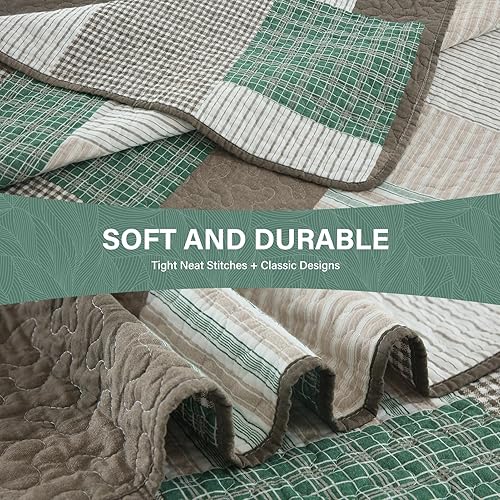 Vista 16 de SahSahCasa Juego de edredón tamaño King, juego de edredón de 100% algodón, colcha de retazos, colcha rústica ligera a cuadros para cama King, beige