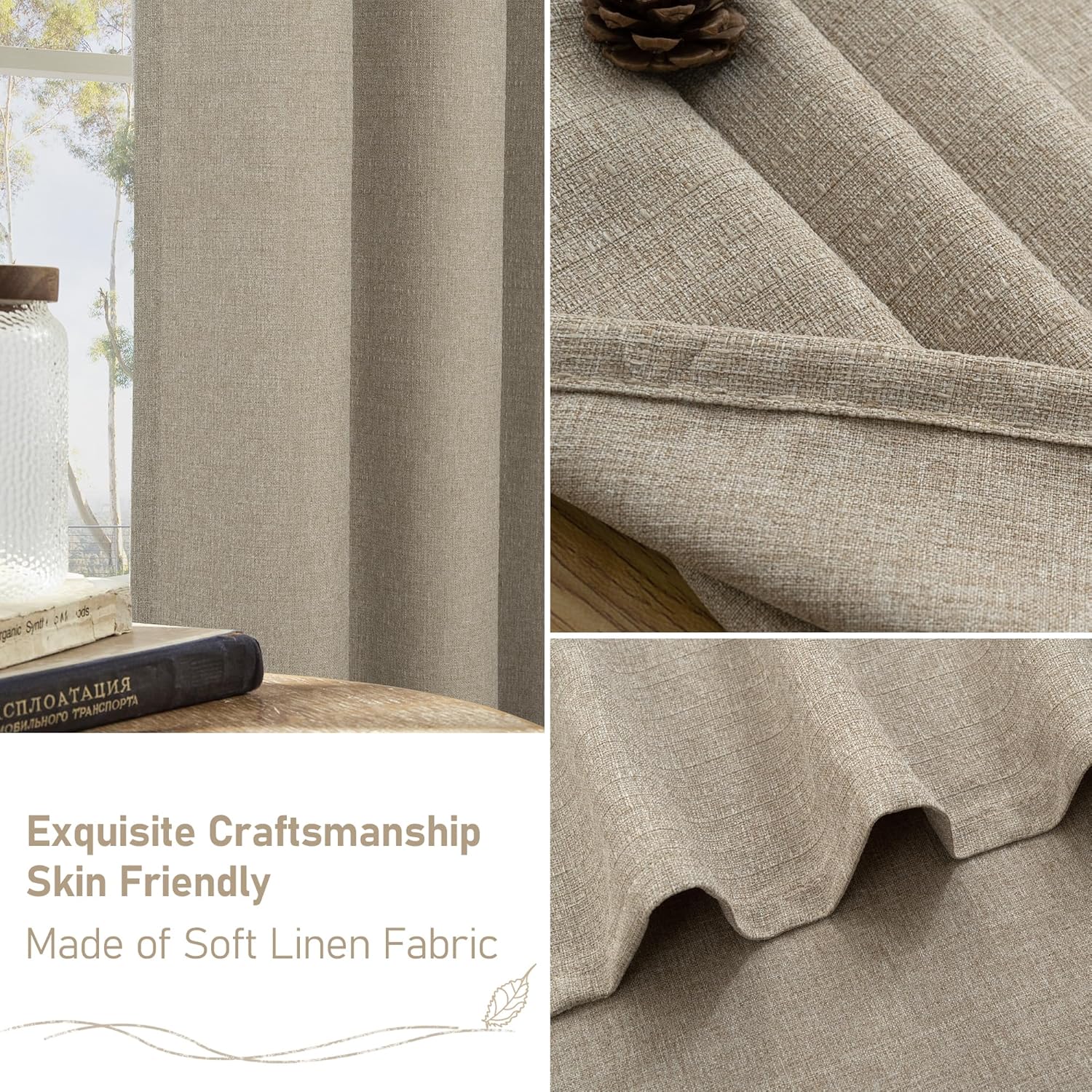 LAMIT Natural Linen Curtains 84 inch Length 2 Panels, Linen Textured Thermal Insulated Bedroom Curtains Grommet Privacy Burlap Light Filtering Drapes for Living Room/Farmhouse, W52 x L84, Taupe
